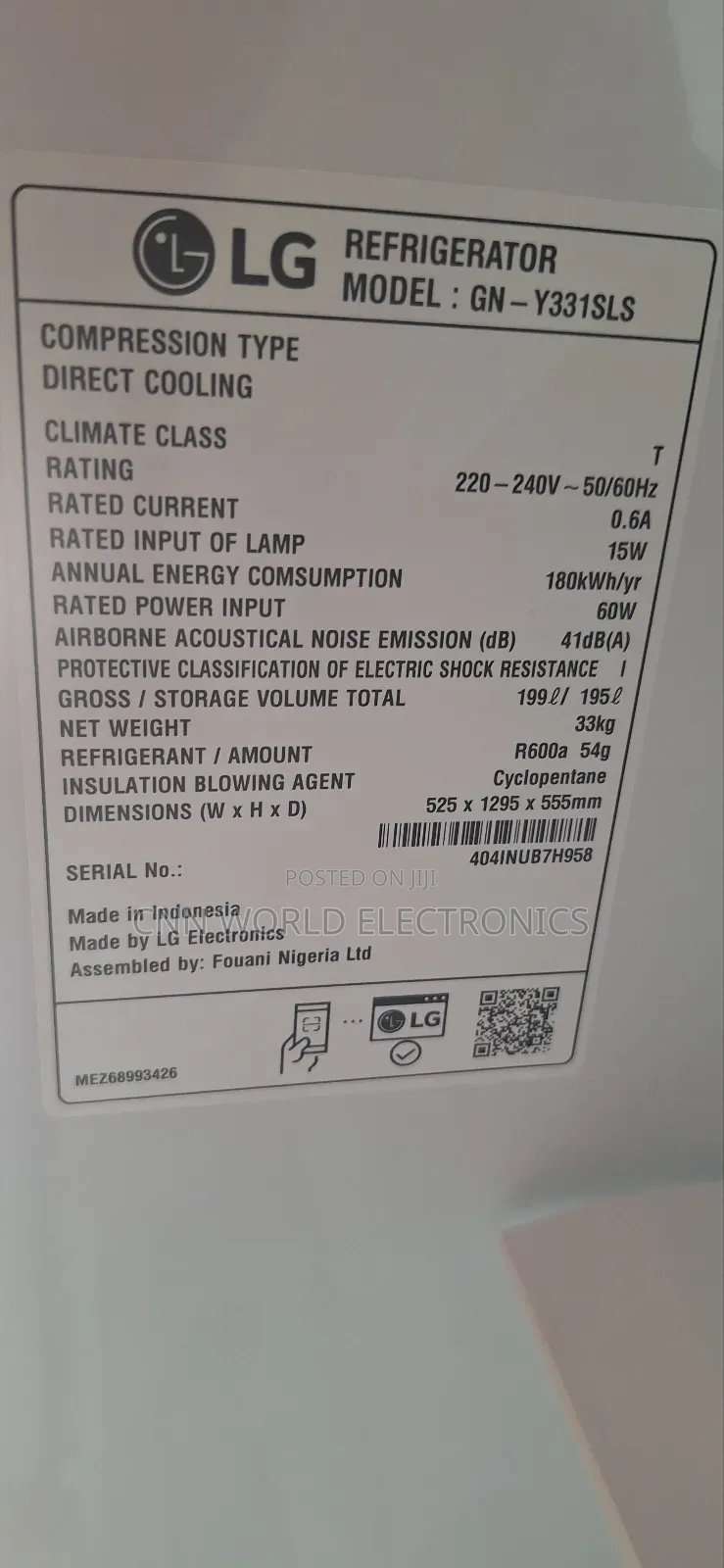 New Lg 199l Inverter Single Door Fridge (60w) Super Cooling