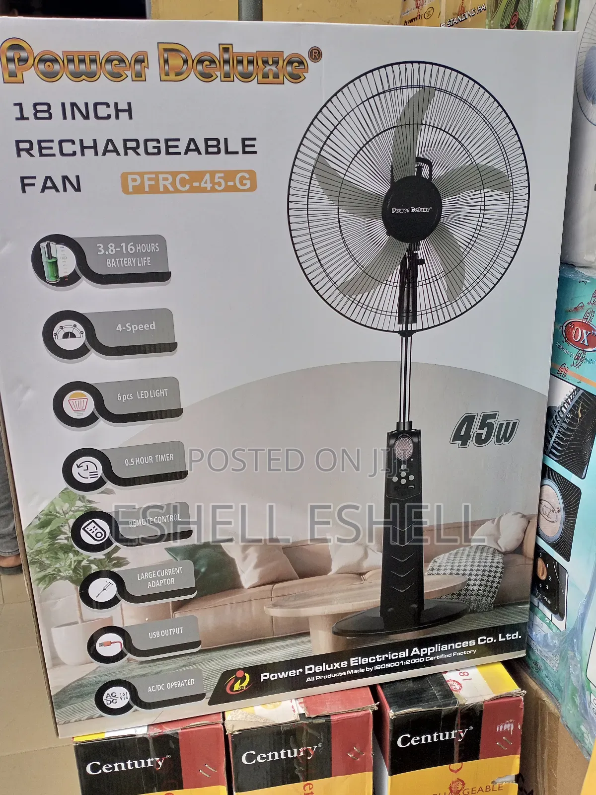 Power De Luxe 18" Rechargeable Fan