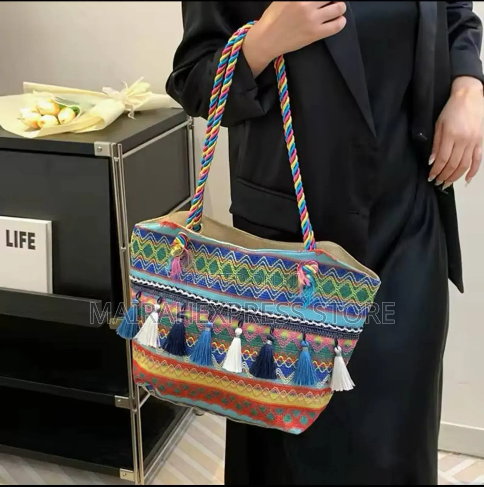 Ethnic Style Canvas Shoulder Bag With Simple Zipper Design.