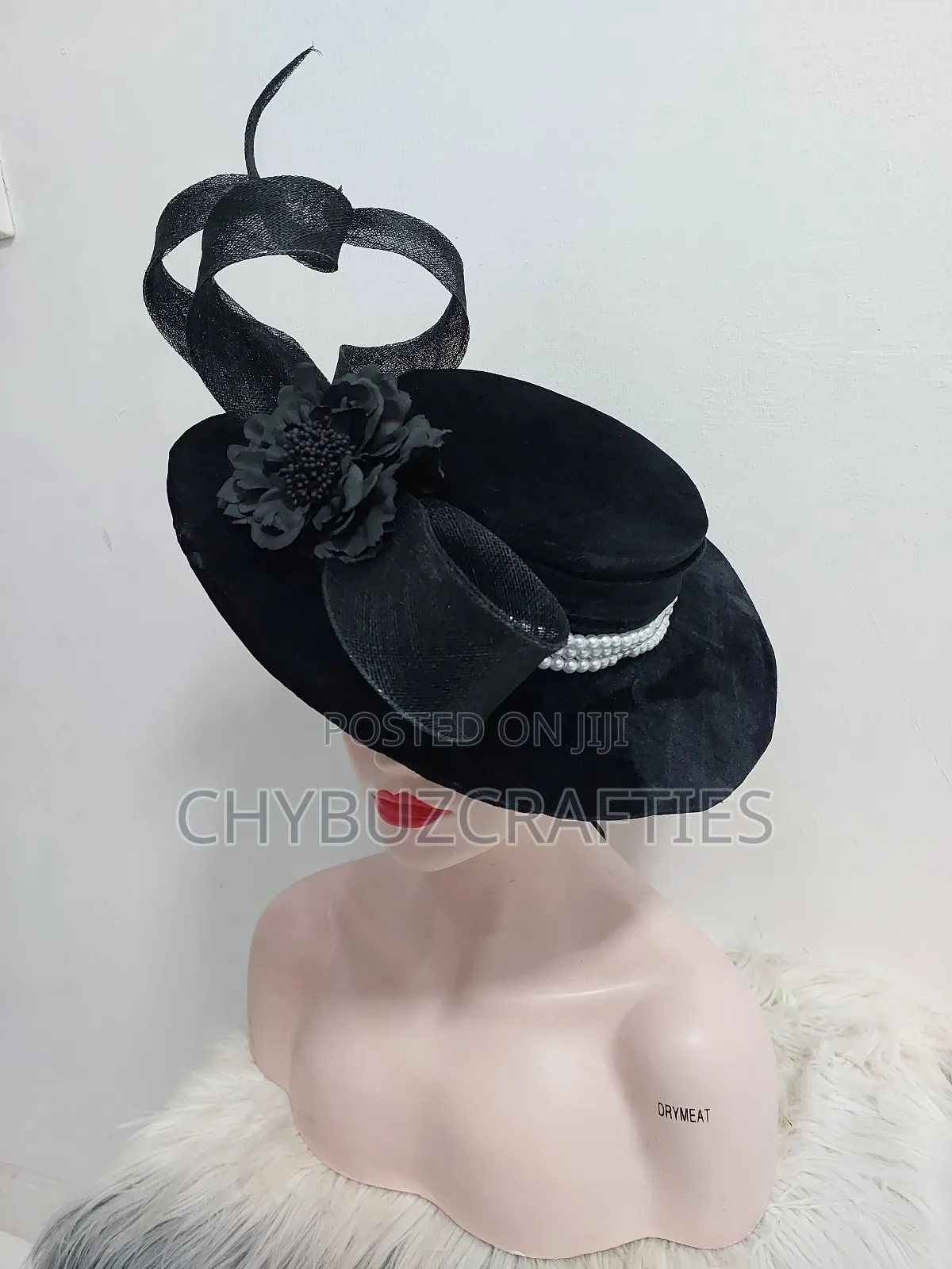 Black Boater Hat Embellished With Pearls