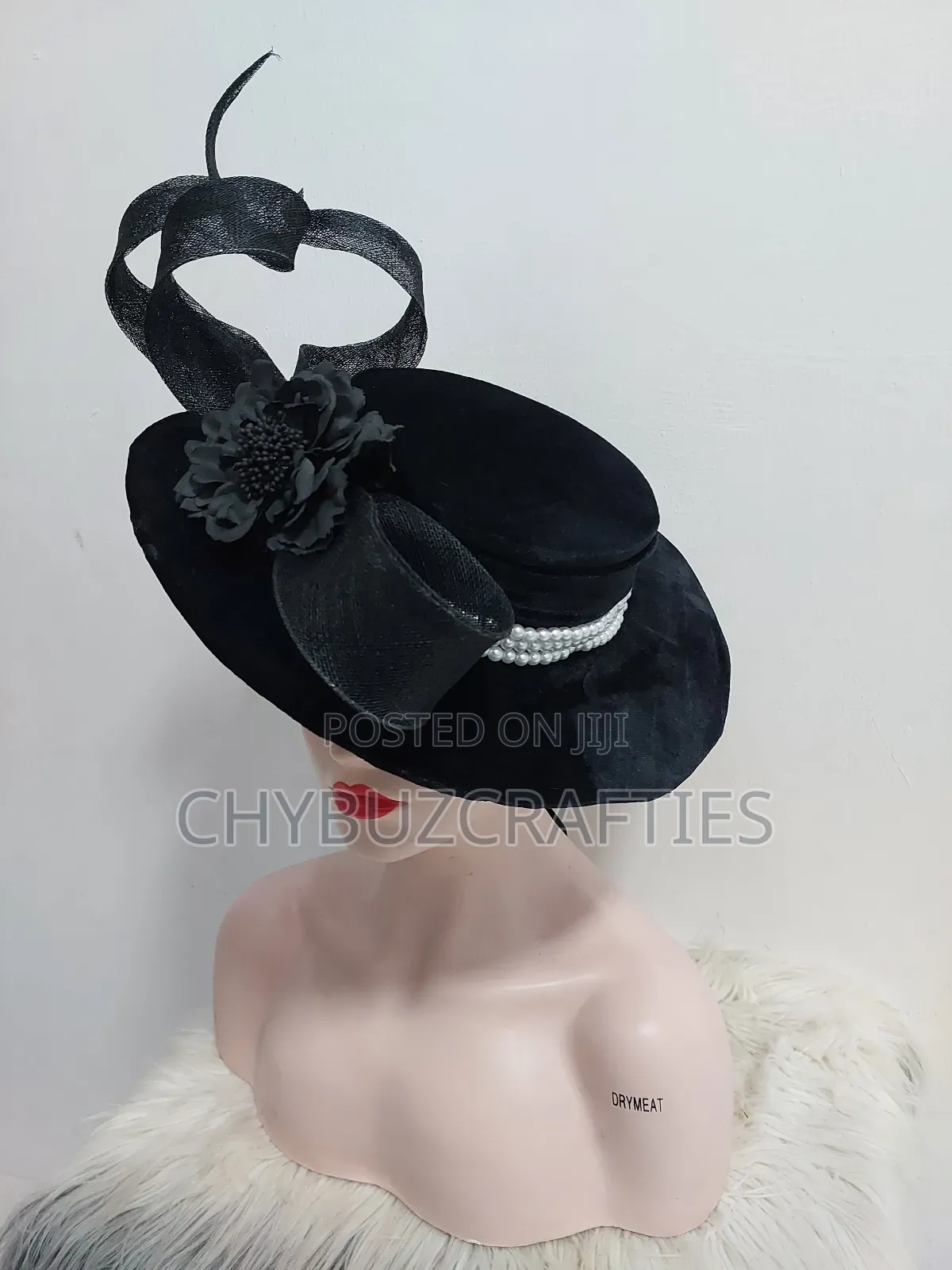 Black Boater Hat Embellished With Pearls