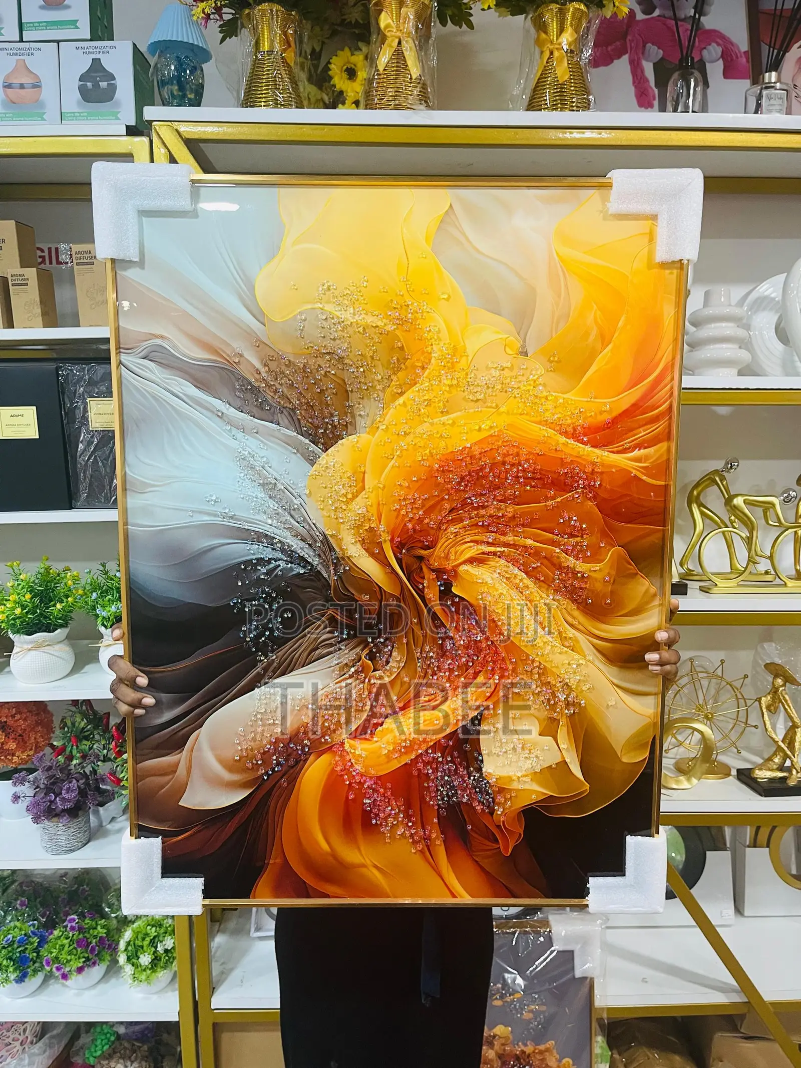 80x60 Acrylic Stoned Wall Art Frame Yellow Orange Brown.