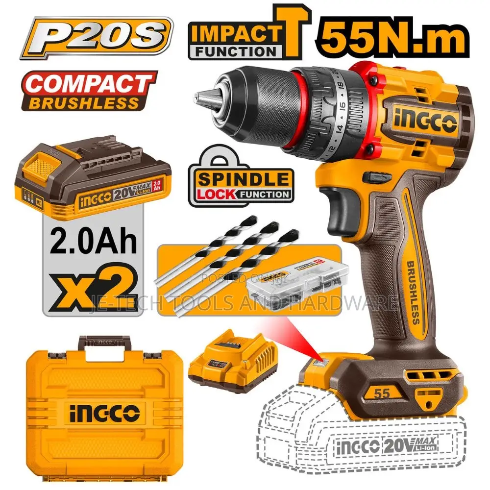 Ingco Cordless 20v Lithium-Ion Impact Drill 55nm Brushless