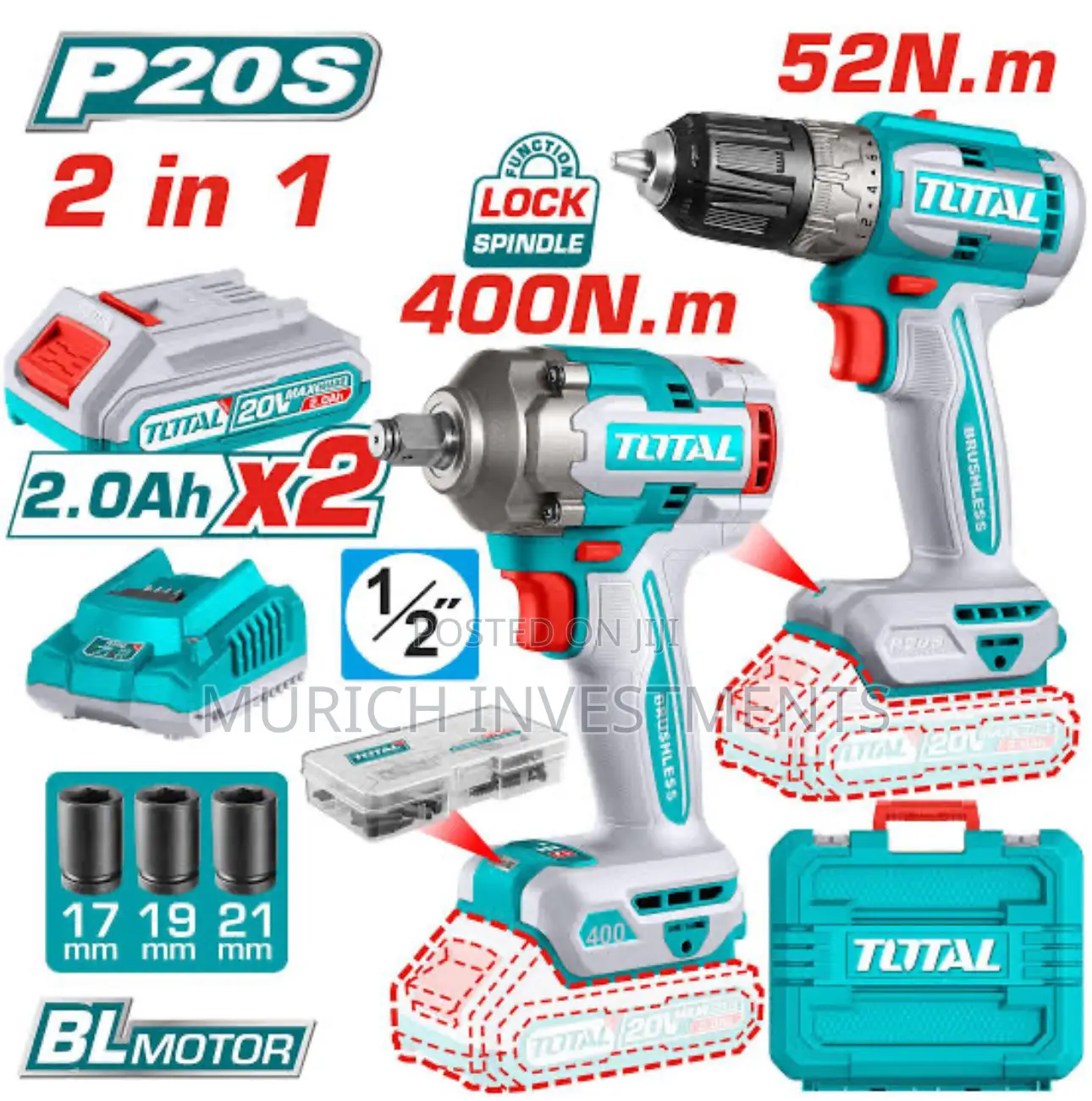 Total Cordless 2 PCS Combo Kit Impact Wrench and Drill