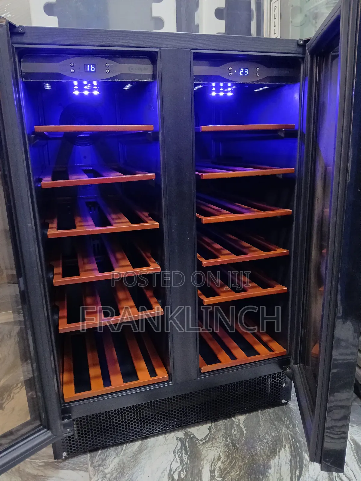Double Door Wooden Shelf Built-in Wine Chiller .