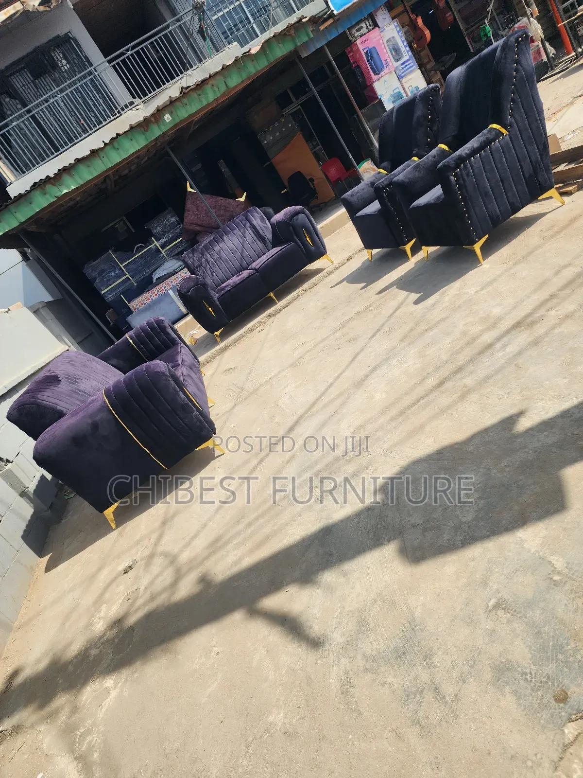 Well Designed Padded 7 Seaters Sofa With Gold Stripes.