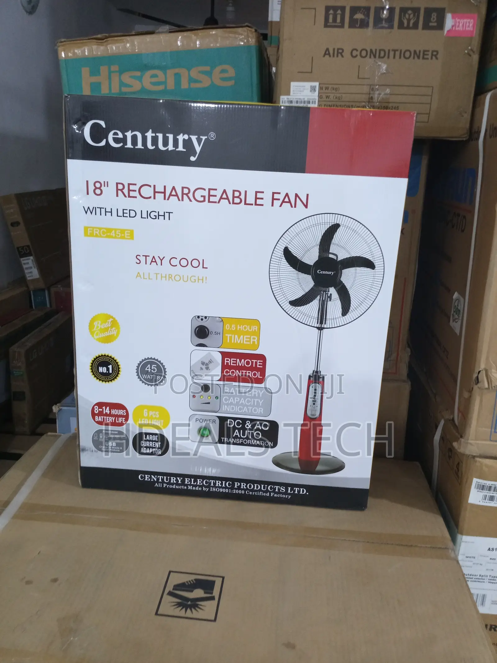 18" Century Rechargeable Fan - Built-in Led,Quiet Motor