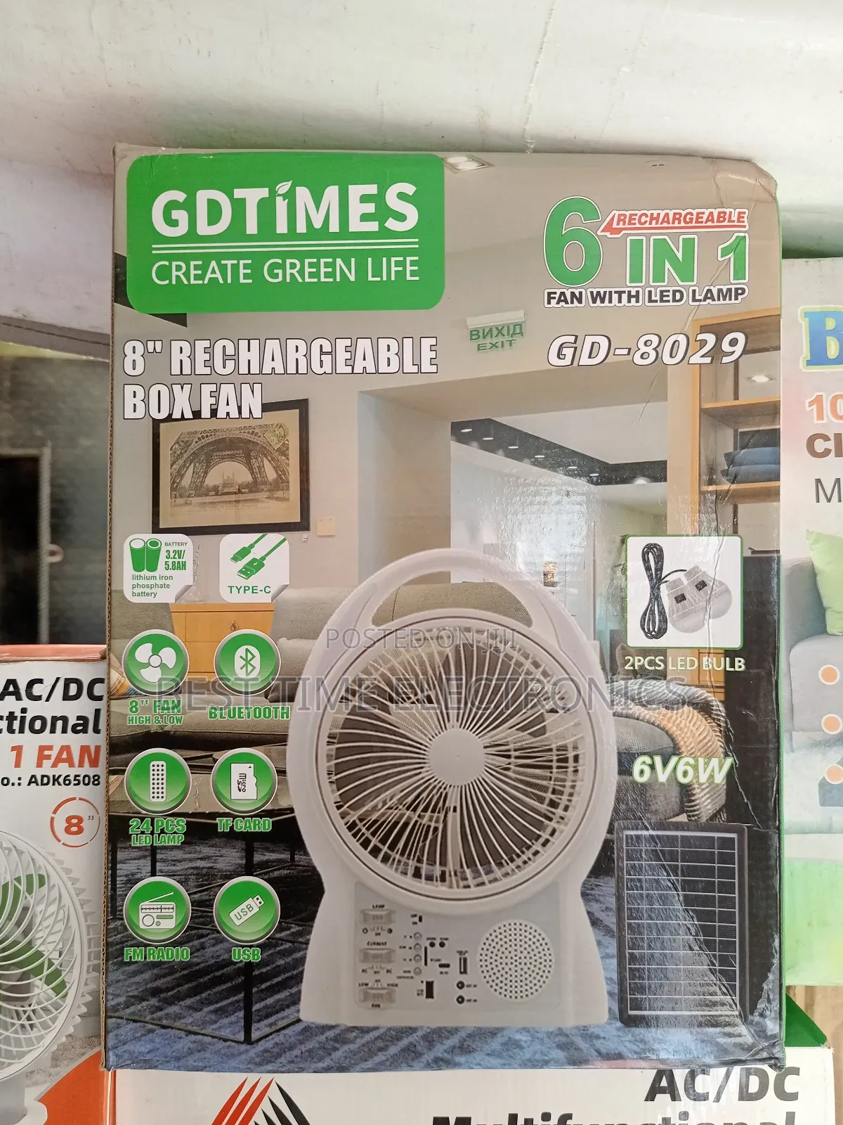 8" Gdtimes Solar Rechargeable Table Fan Radio/Bluetooth