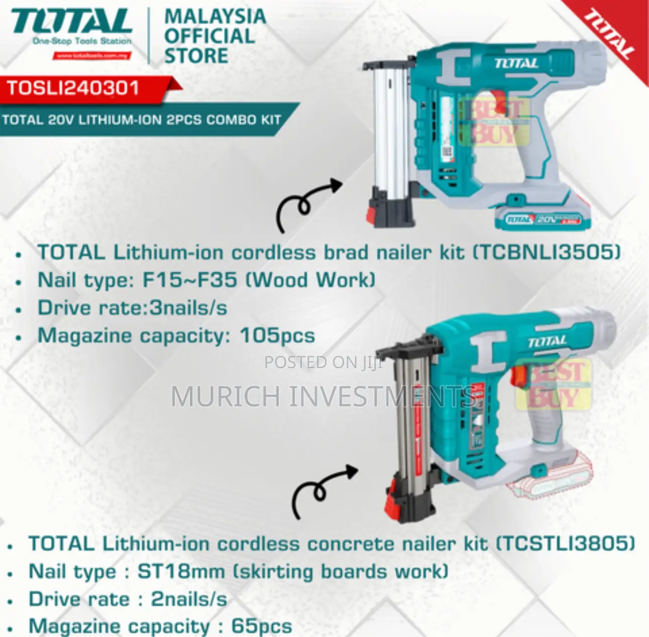 20v Cordless Nail Gun Combo Kit Brad Concrete Nailers
