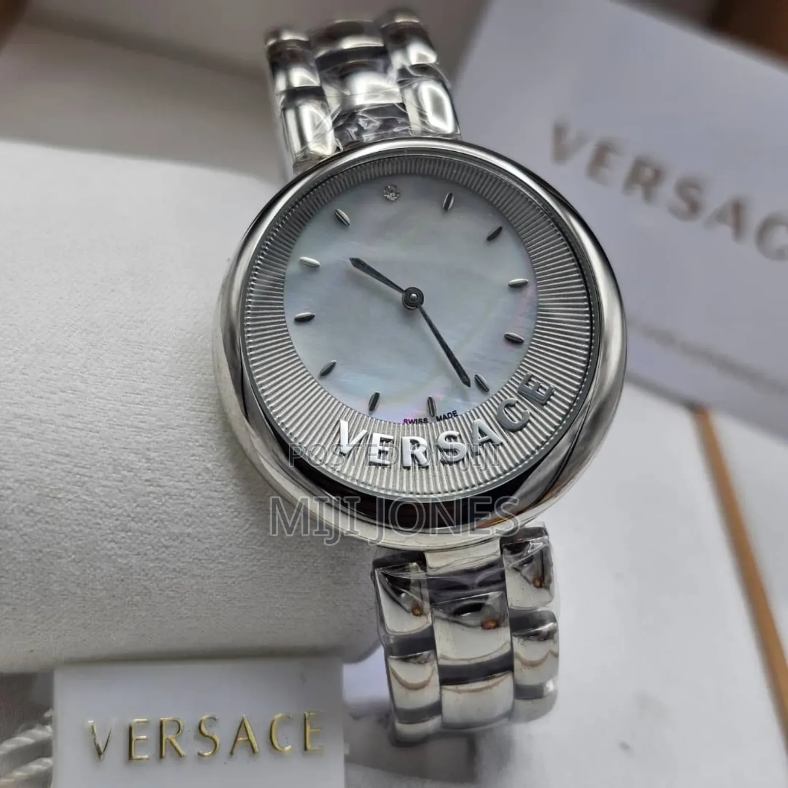 "Replica Versace Round Dial Silver Watch for Her"