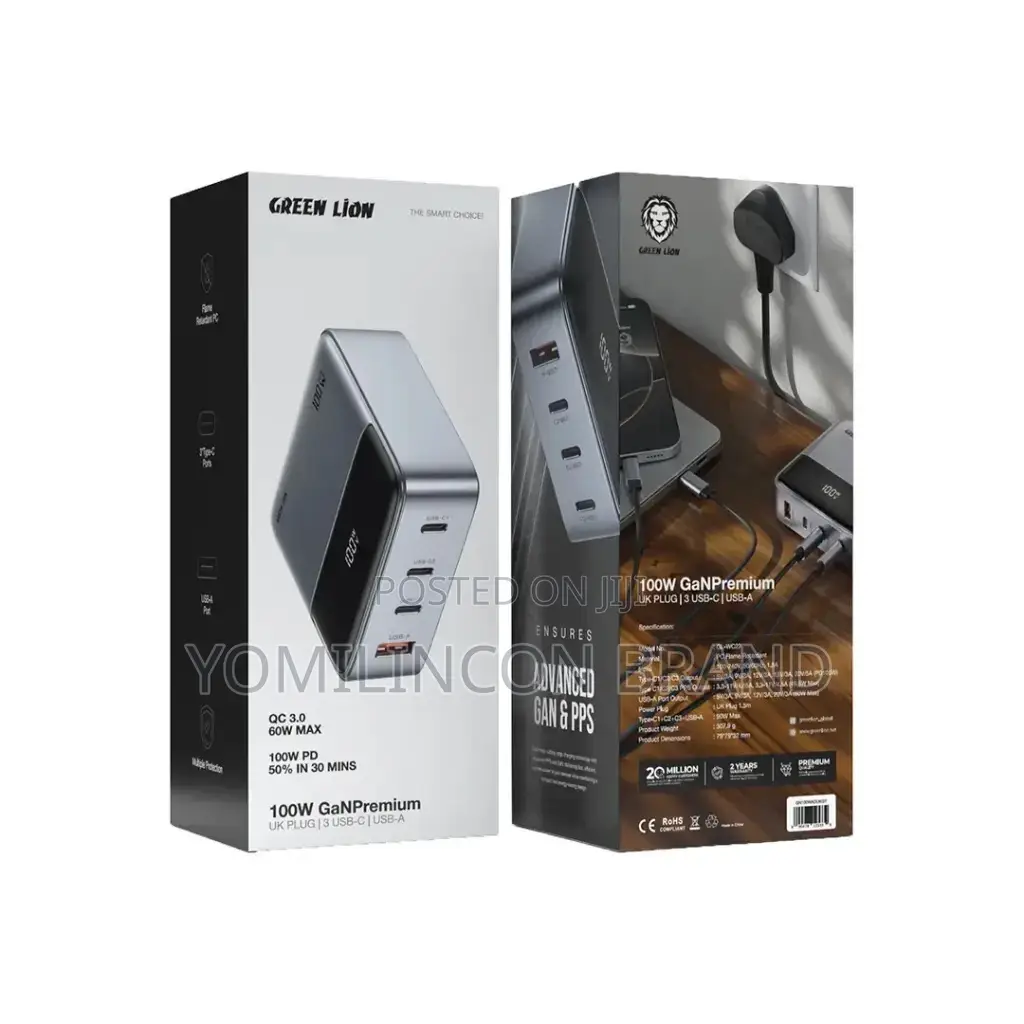 Green Lion 100w Gan Premium Uk Plug Adapter - Gray