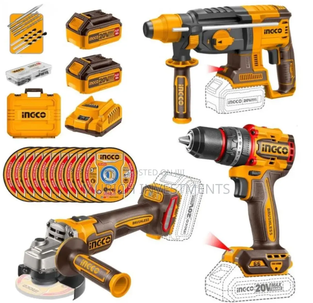 3-in-1 20v Brushless Combo – Drill, Grinder Rotary Hammer