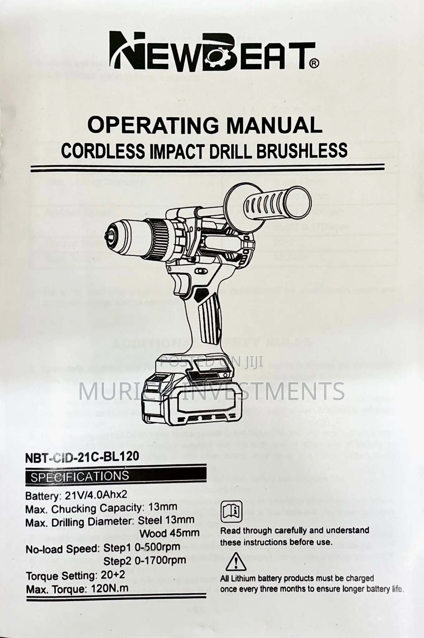 21v Cordless Impact Drill 120nm Torque,2 Batteries,Purepower