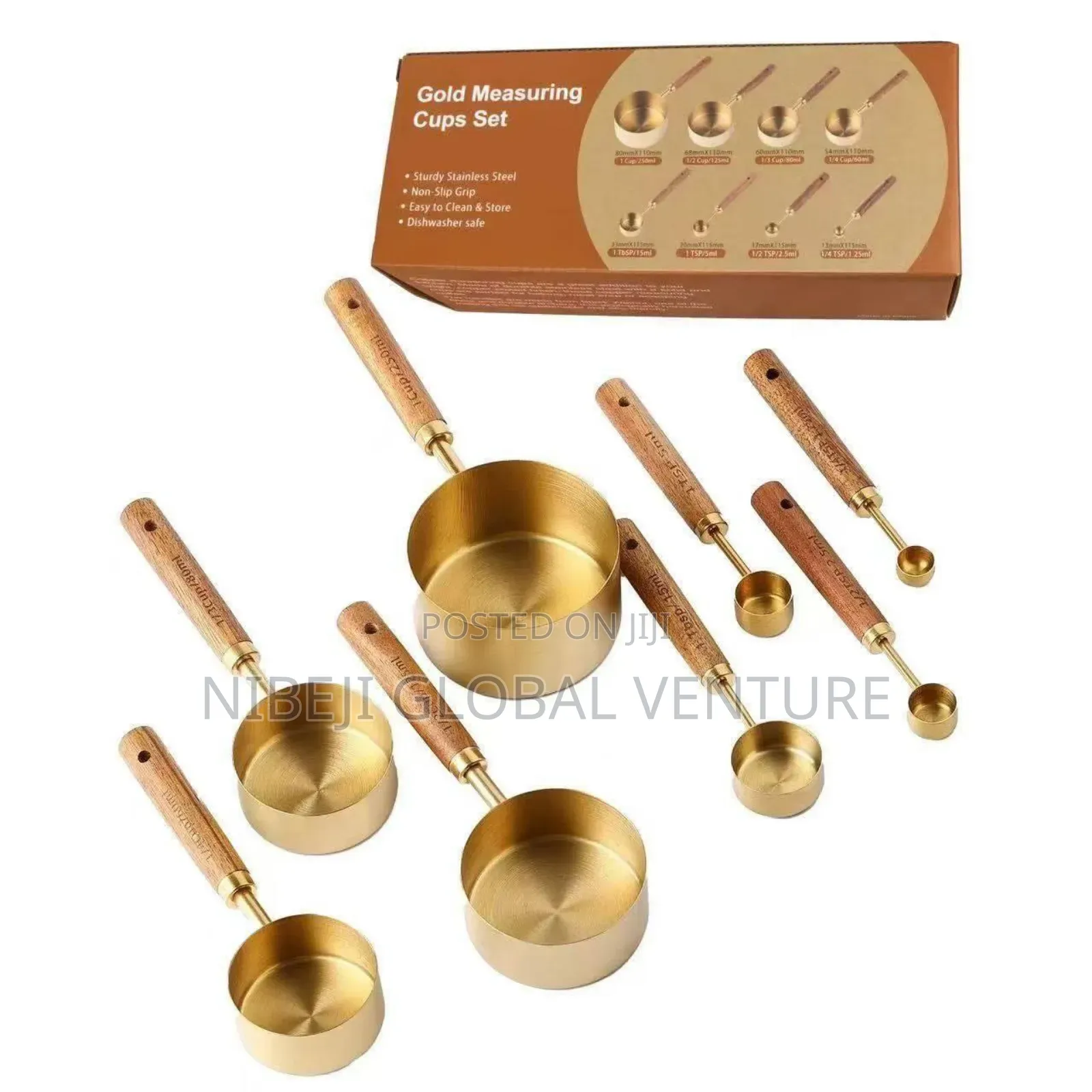 A Set of Eight Stainless Steel Measuring Cup