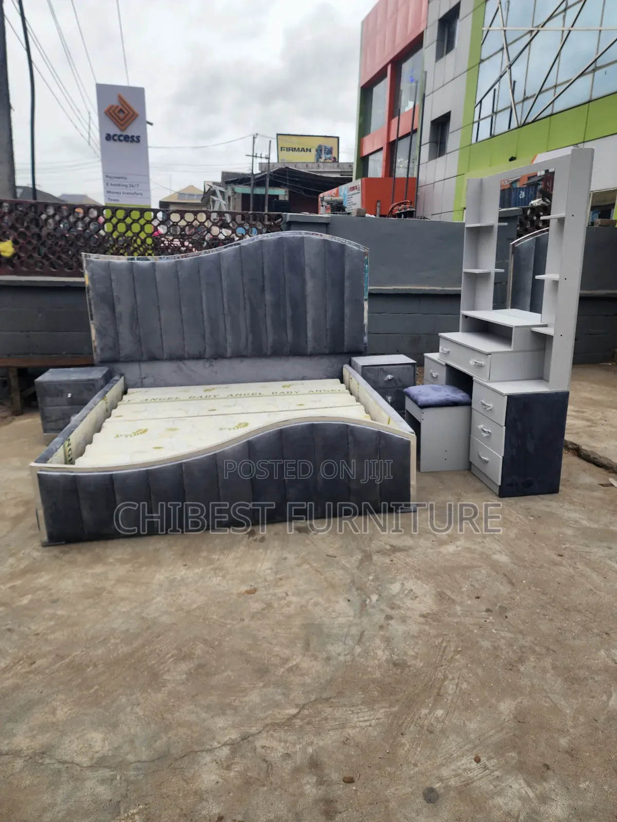 Grey Colour 6by6 Bed With Luxury Dresser and Side Drawers