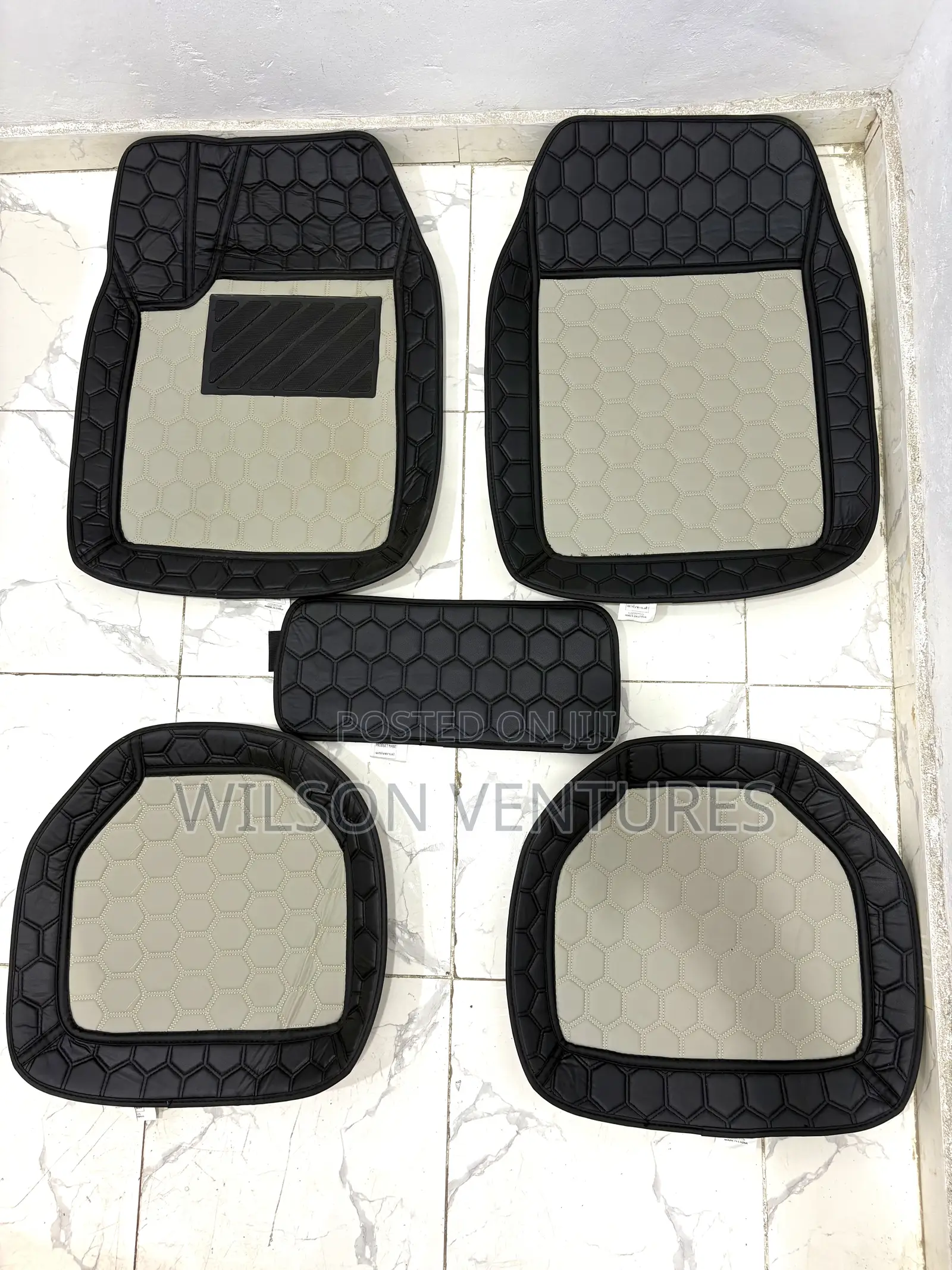 Beige and Black Universal Tiles Leather Car Foot Mat
