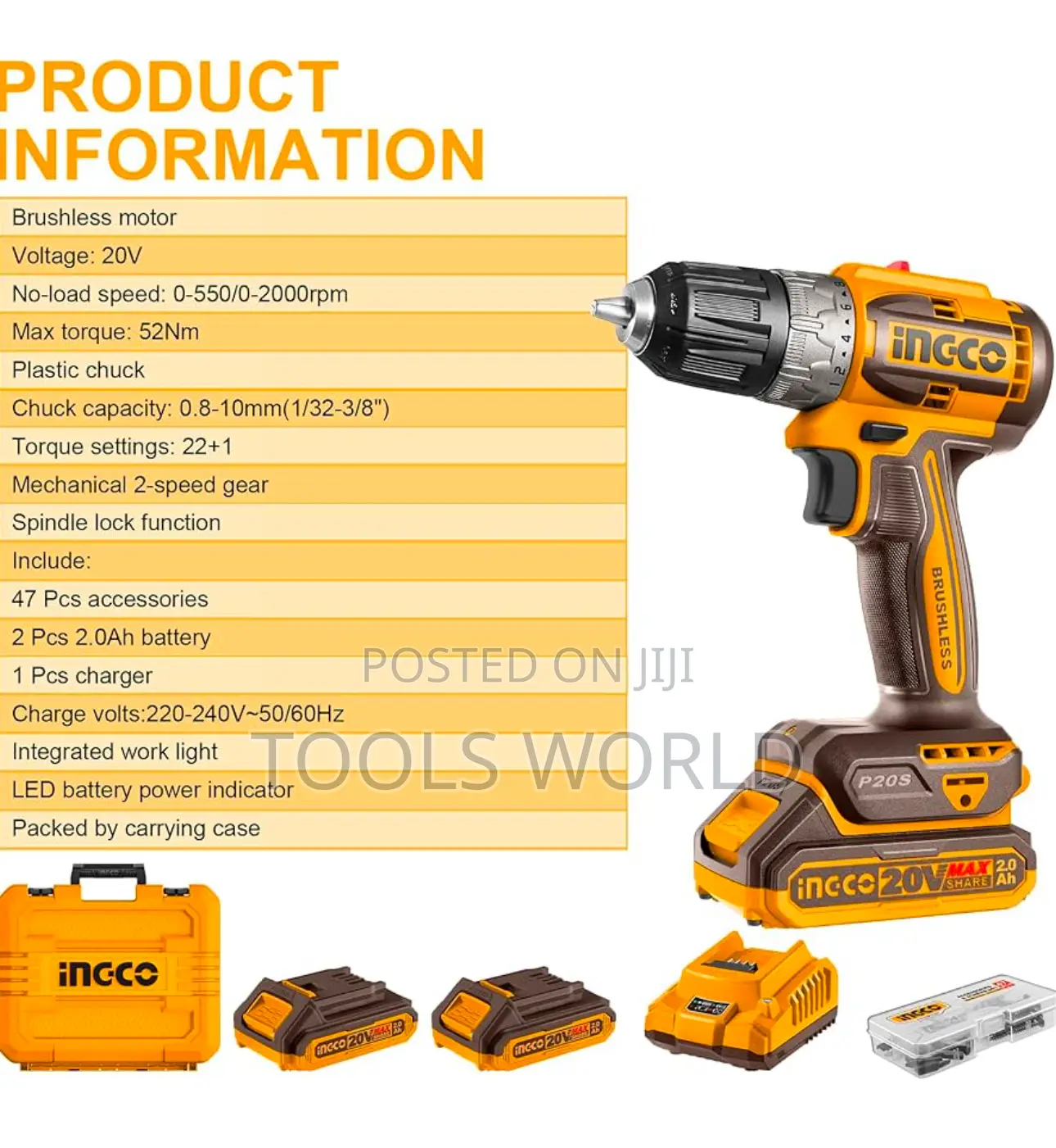 Ingco 20v Brushless Cordless Drill – 52n.M Power