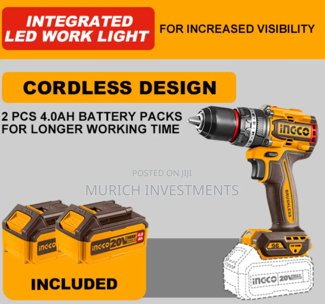 Brushless Cordless Impact Drill 96nm Torque,Metal Chuck,13mm