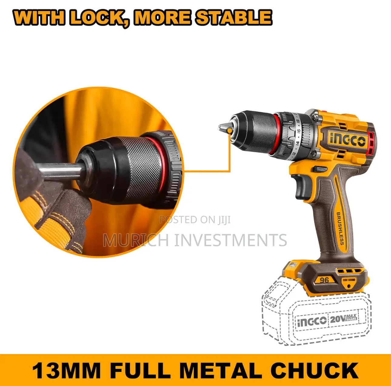 Brushless Cordless Impact Drill 96nm Torque,Metal Chuck,13mm