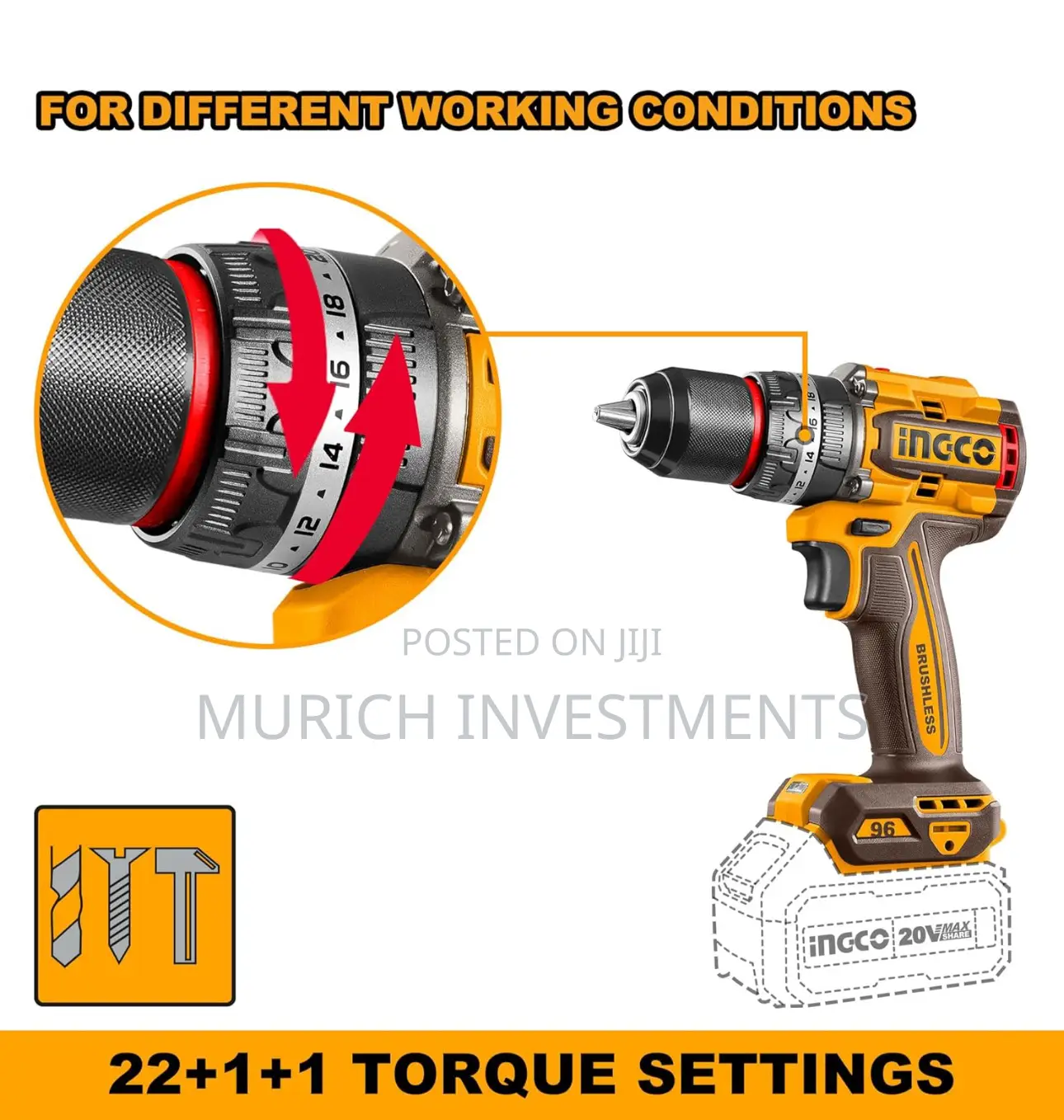 Brushless Cordless Impact Drill 96nm Torque,Metal Chuck,13mm