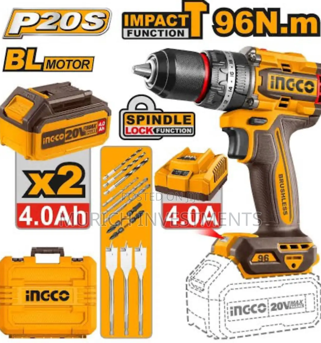 Brushless Cordless Impact Drill 96nm Torque,Metal Chuck,13mm
