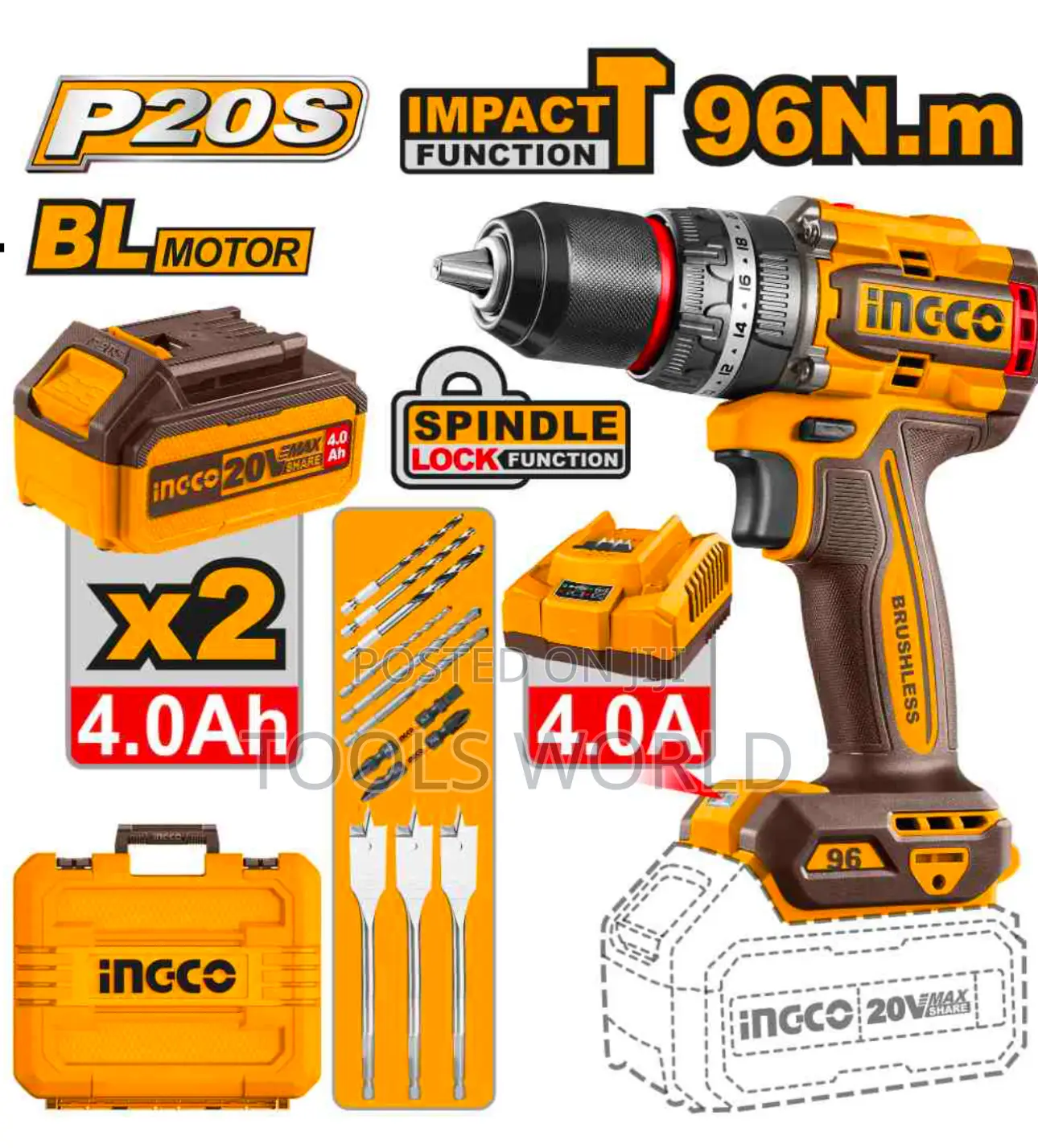 Ingco 20v Brushless Cordless Impact Drill 96nm + 2 Batteries