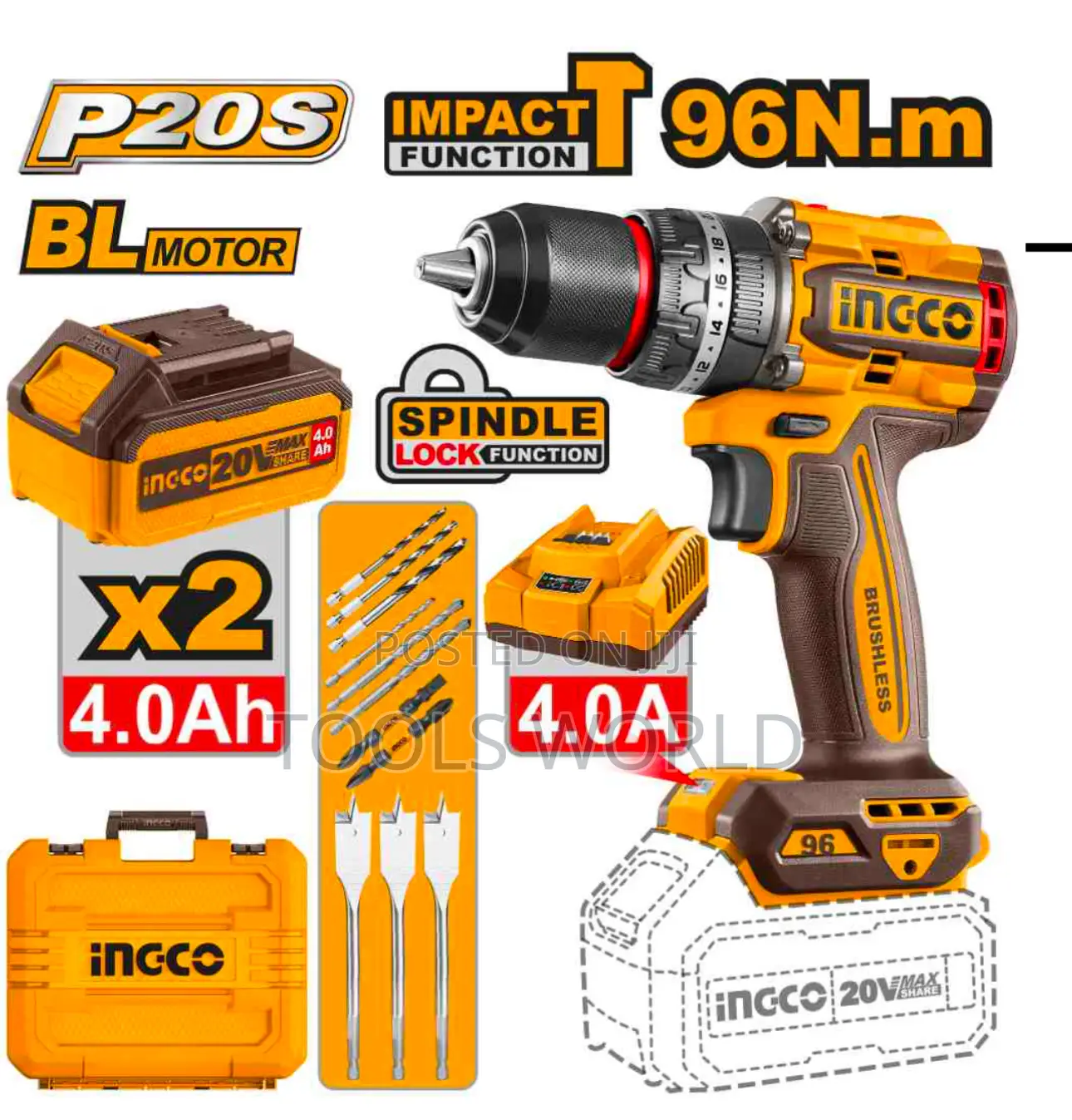 Ingco 20v Brushless Cordless Impact Drill 96nm + 2 Batteries