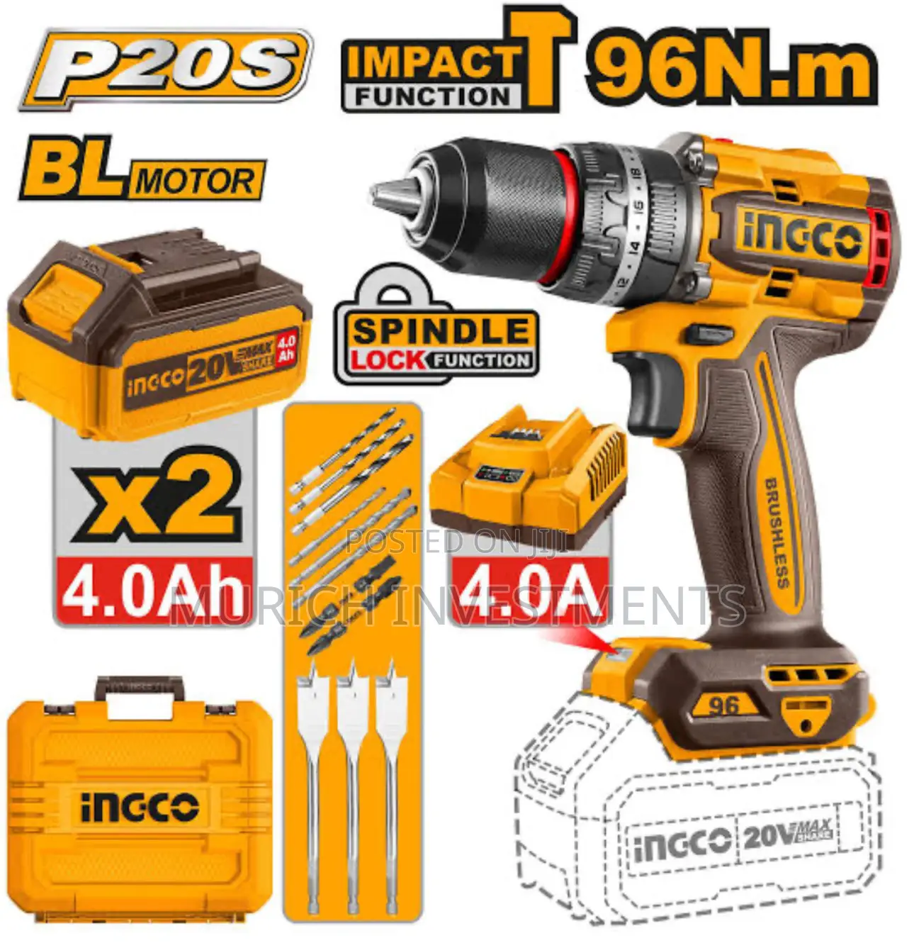 Ingco 20v Brushless Cordless Impact Drill – 96nm Torque