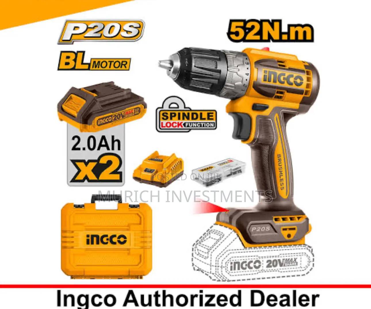 Ingco 20v Brushless Cordless Drill – 52nm Powerful Drill