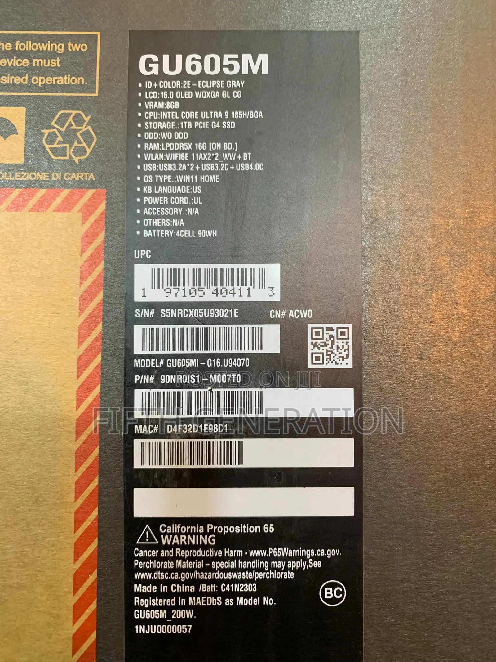 New Laptop Asus ROG Zephyrus G16 16GB Intel Core Ultra 9 SSD 1T