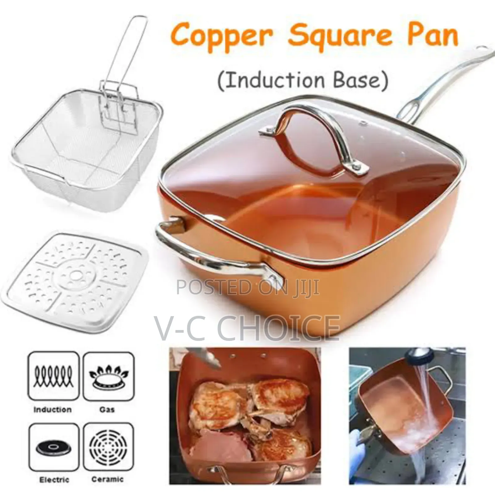 Non-stick Pan Copper Square Pan 'chef Glass Lid Fry Basket