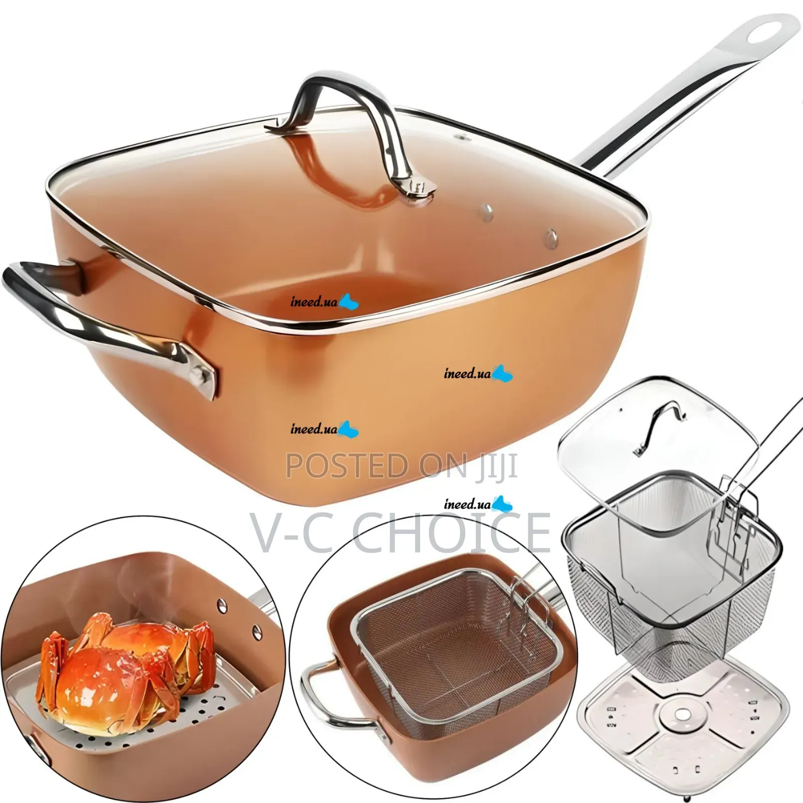 Non-stick Pan Copper Square Pan 'chef Glass Lid Fry Basket