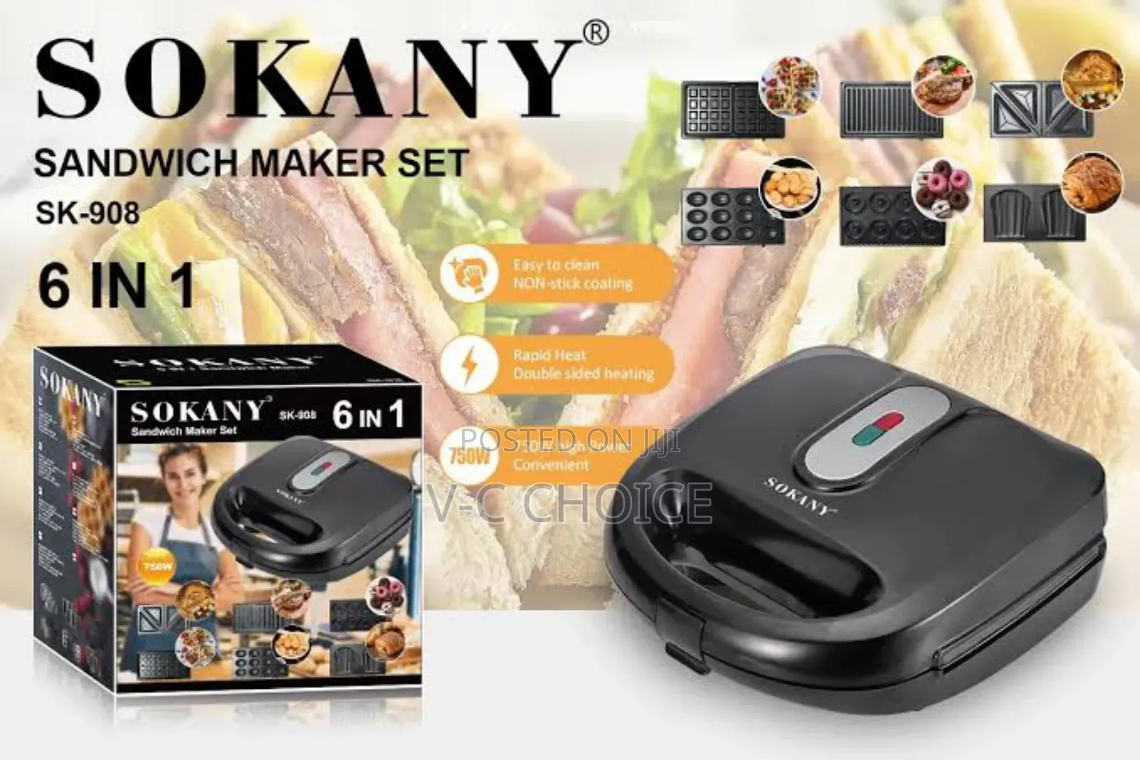 Electric Waffle Maker 6 In1 Grill Sandwich Cake Donut Walnut