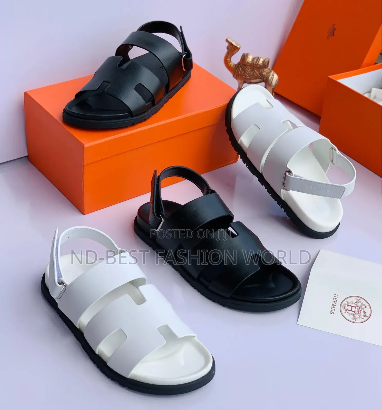 Black Hermes Leather Sandals