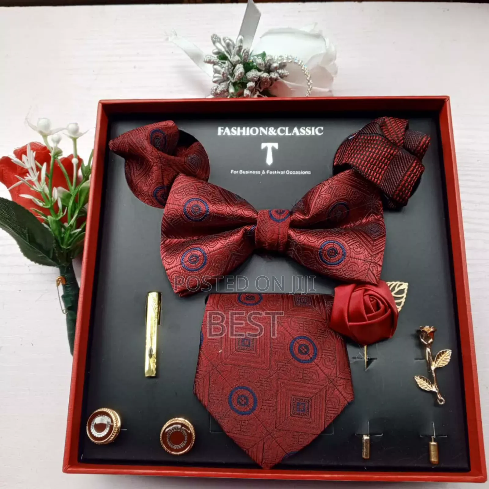Full Set of Bow Tie,Long Tie,Brooch,Rose,2 Pocket Hanky
