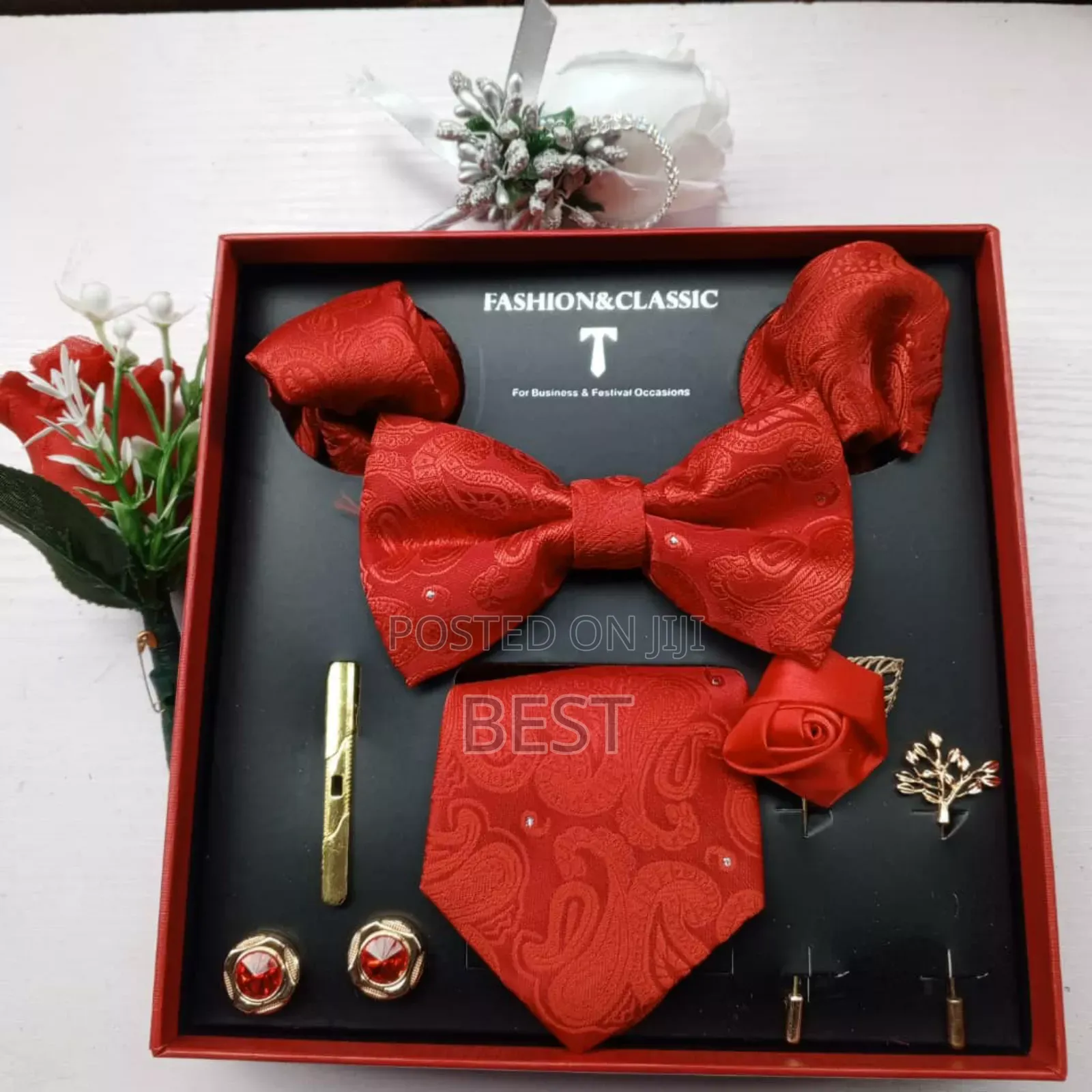 Full Set of Bow Tie,Long Tie,Brooch,Rose,2 Pocket Hanky