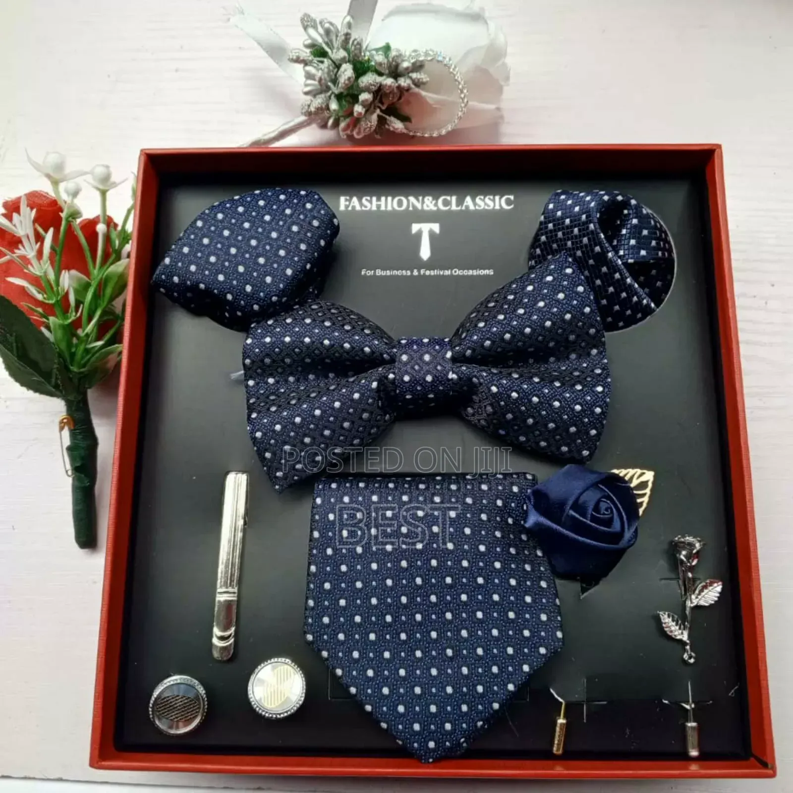 Full Set of Bow Tie,Long Tie,Brooch,Rose,2 Pocket Hanky