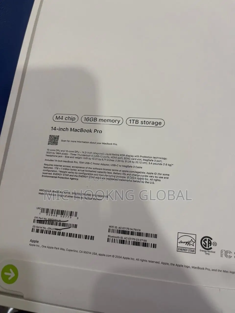 New Laptop Apple MacBook Pro 2024 M4 14-Inch 16GB Apple M4 Pro SSD 1T