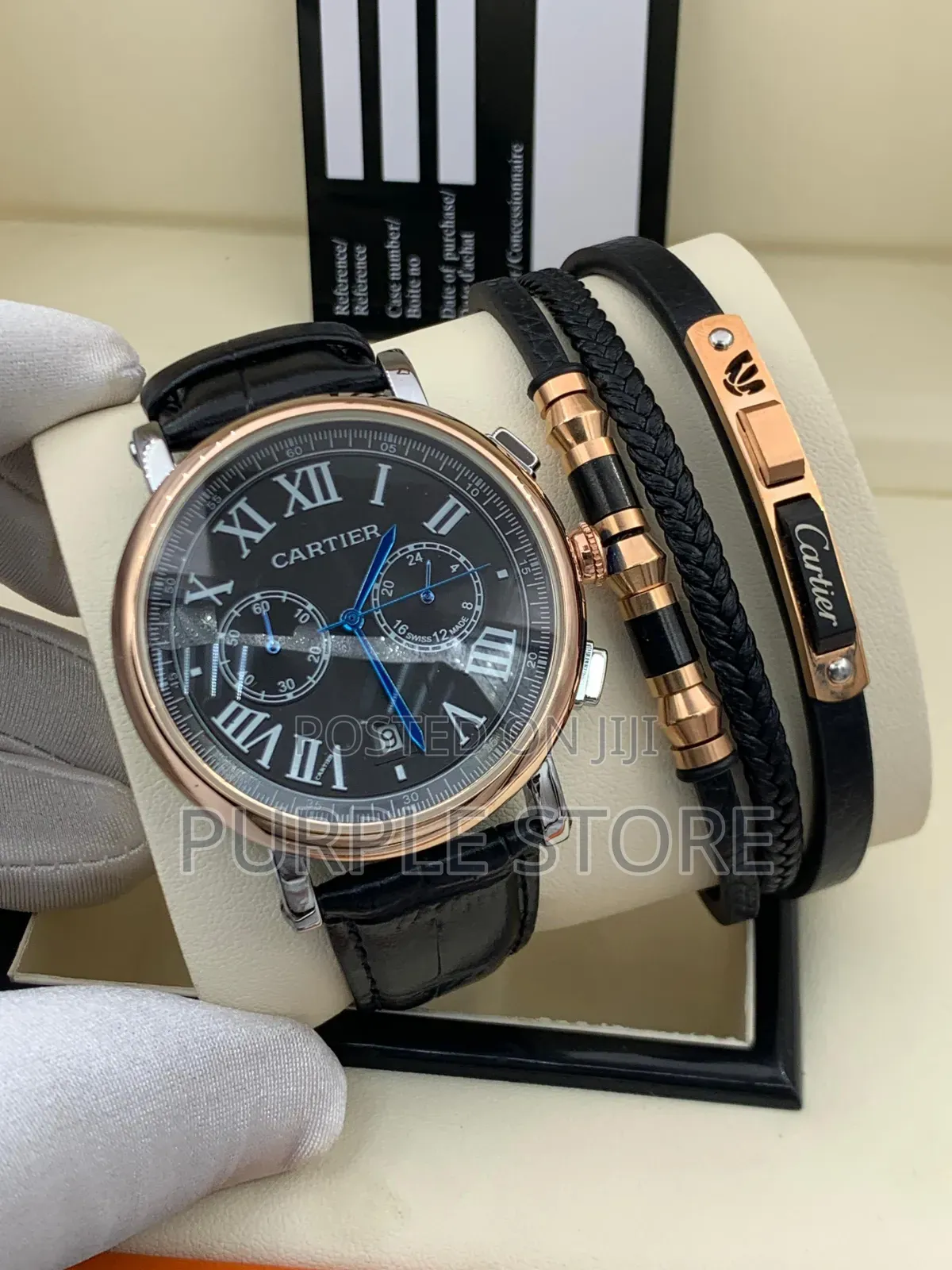 Cartier Chronograph Watch and-Bracelet-Black-Leather