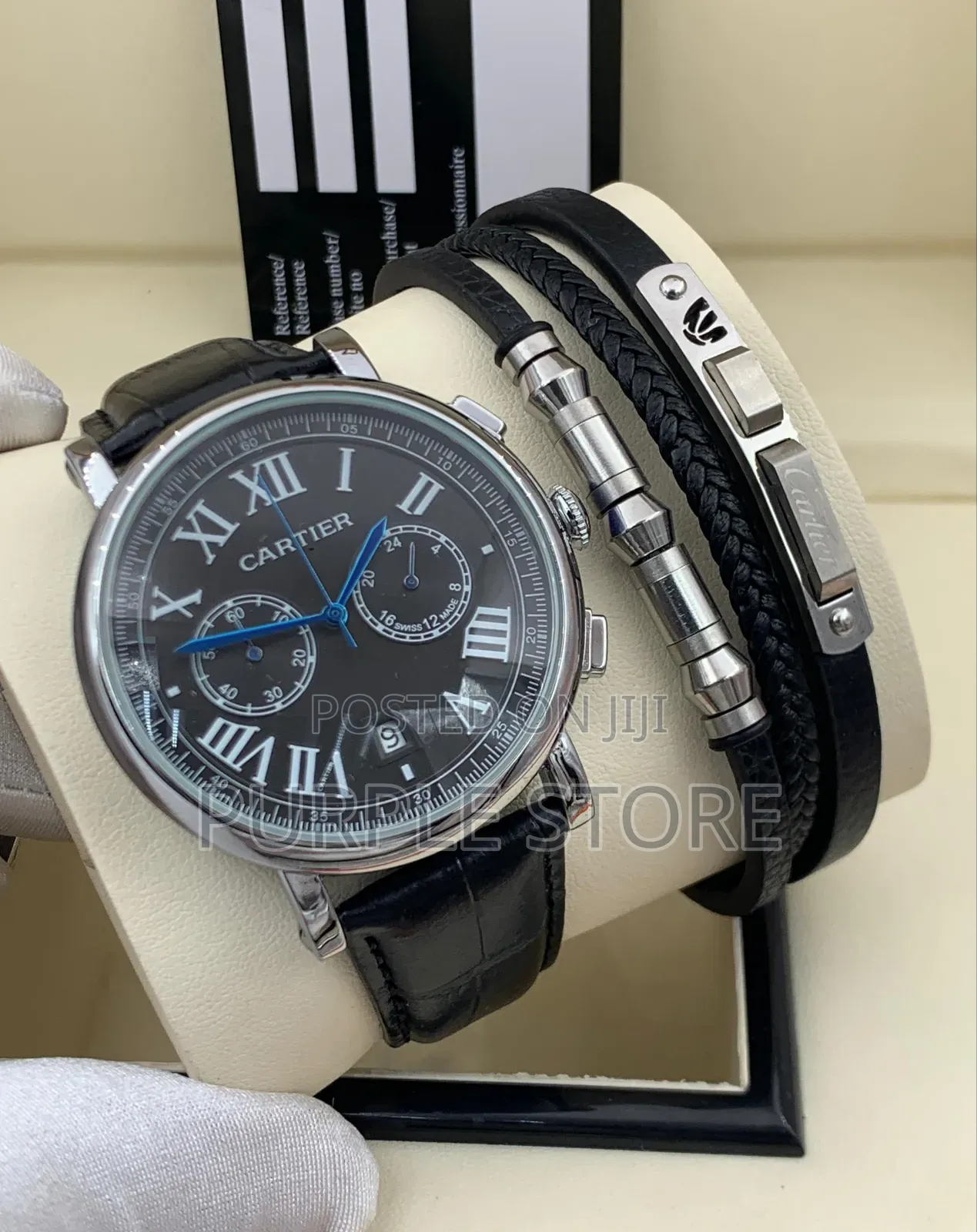 Cartier Chronograph Watch and-Bracelet-Black-Leather