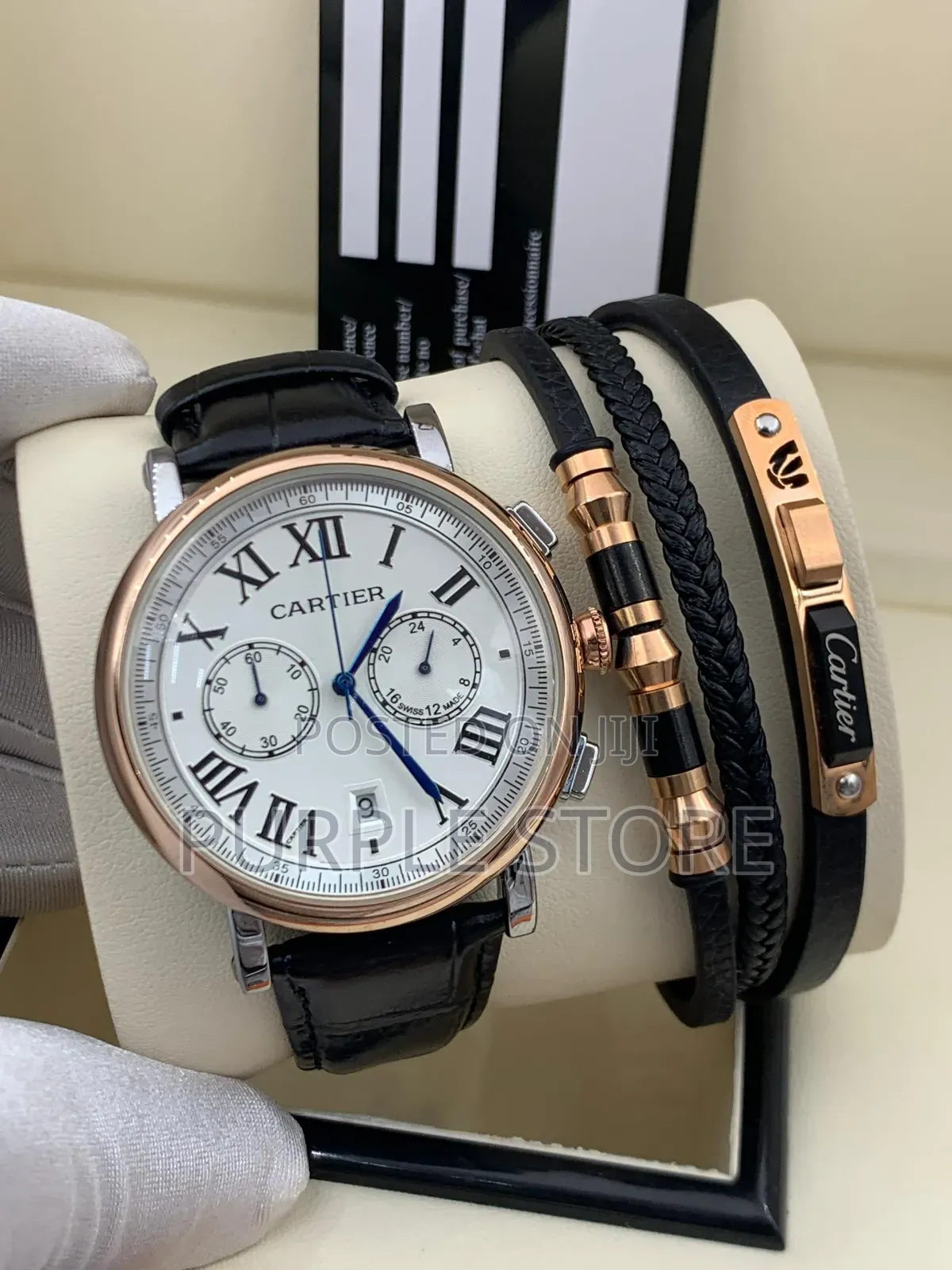 Cartier Chronograph Watch and-Bracelet-Black-Leather