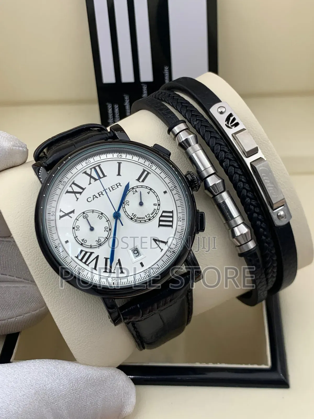 Cartier Chronograph Watch and-Bracelet-Black-Leather