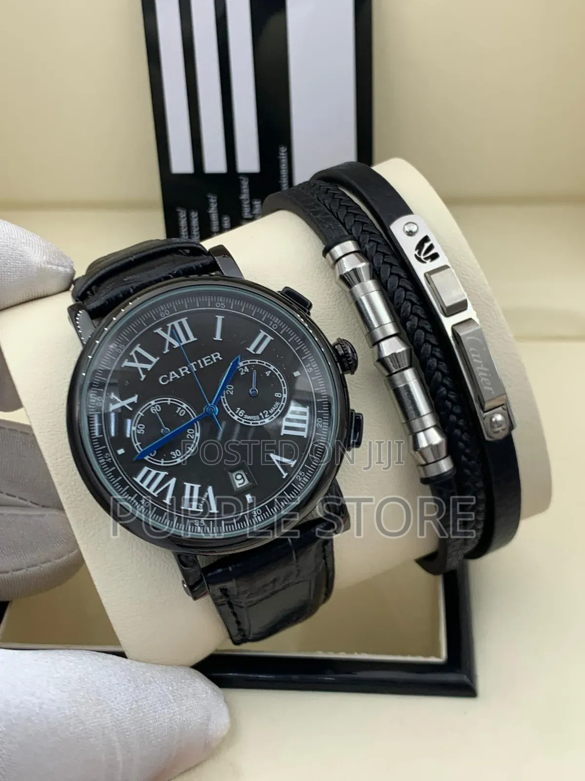 Cartier Chronograph Watch and-Bracelet-Black-Leather