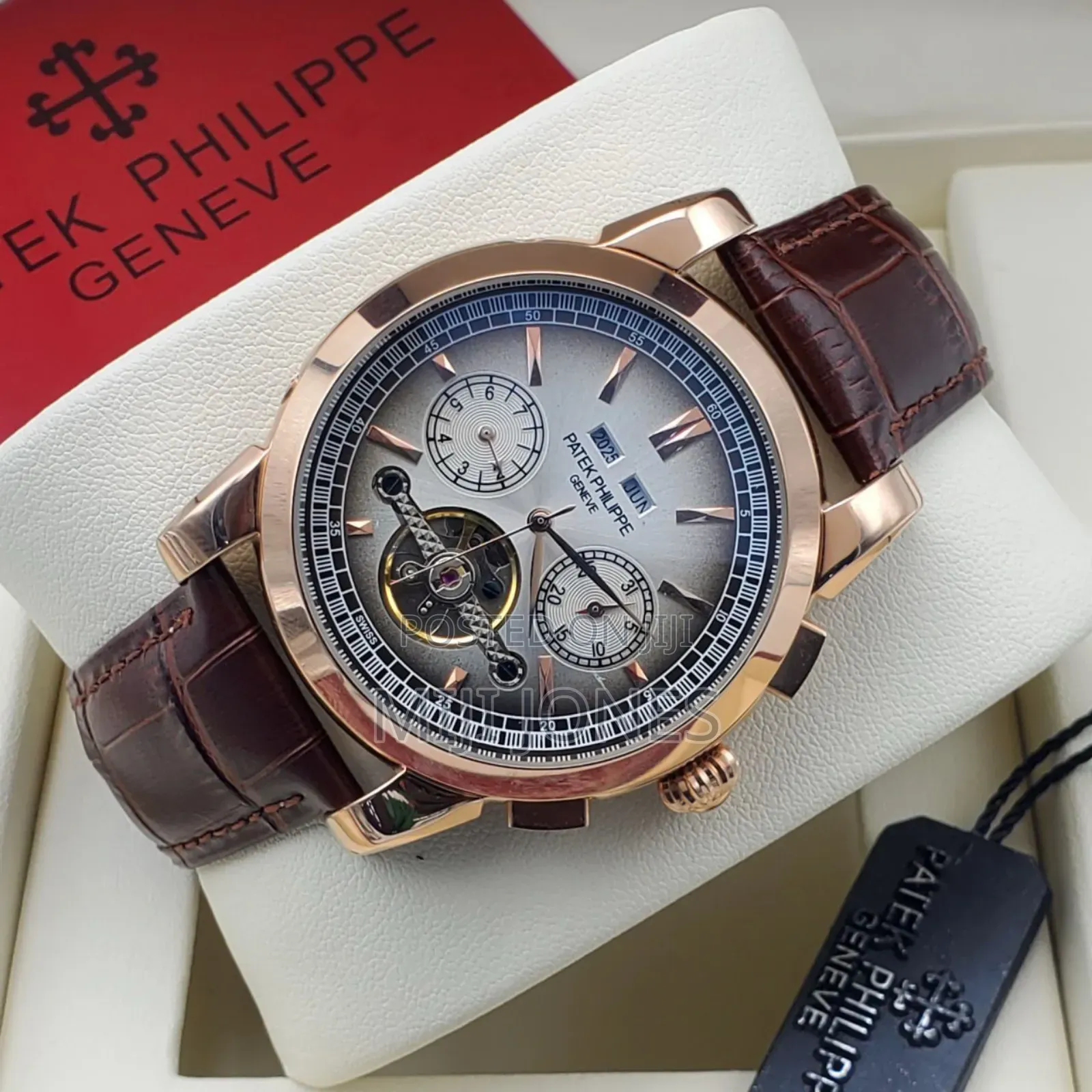 "Luxury Brown Leather Patek Philippe Style Watch"