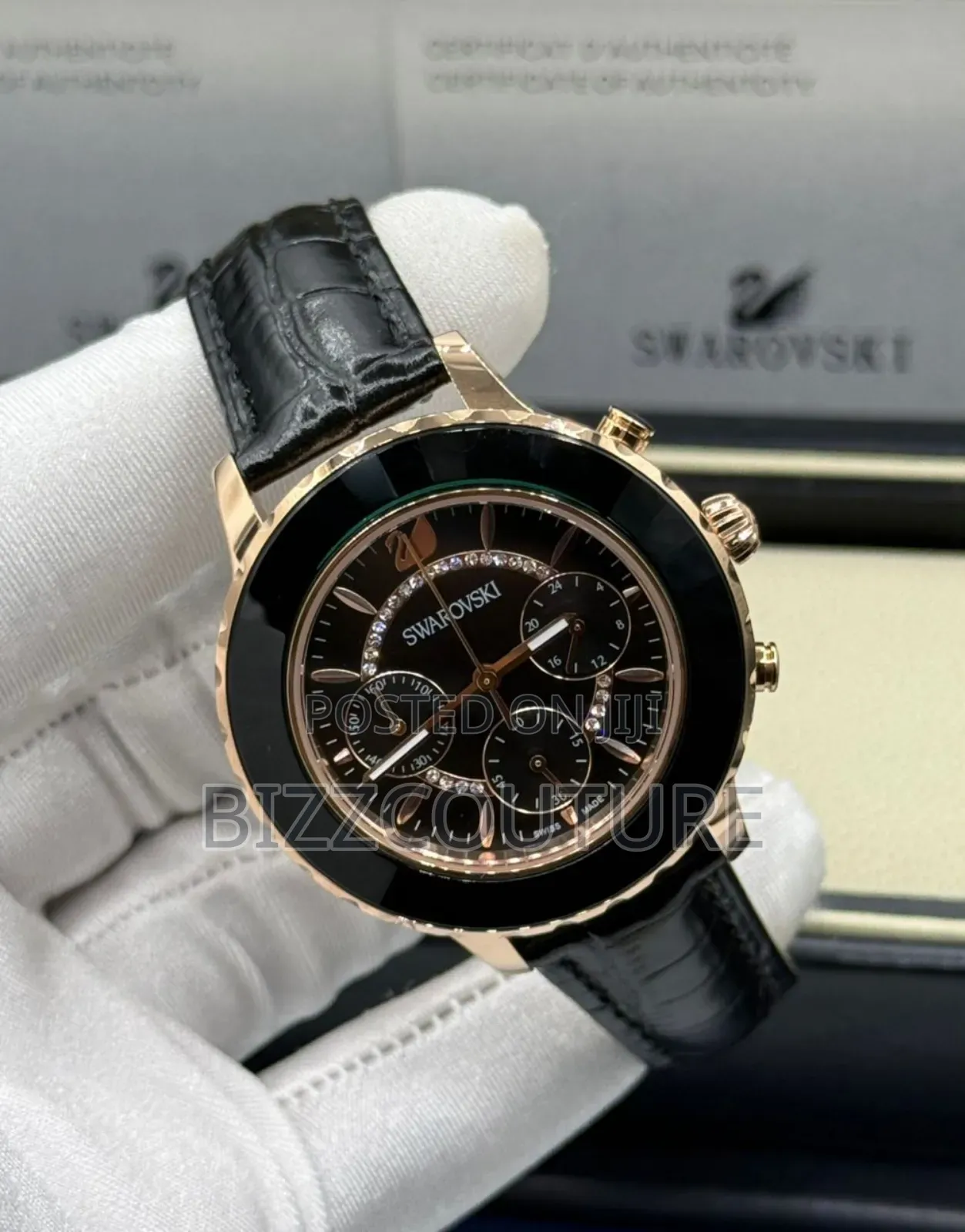 Original Swarovski Black Genuine Leather Strap Watch