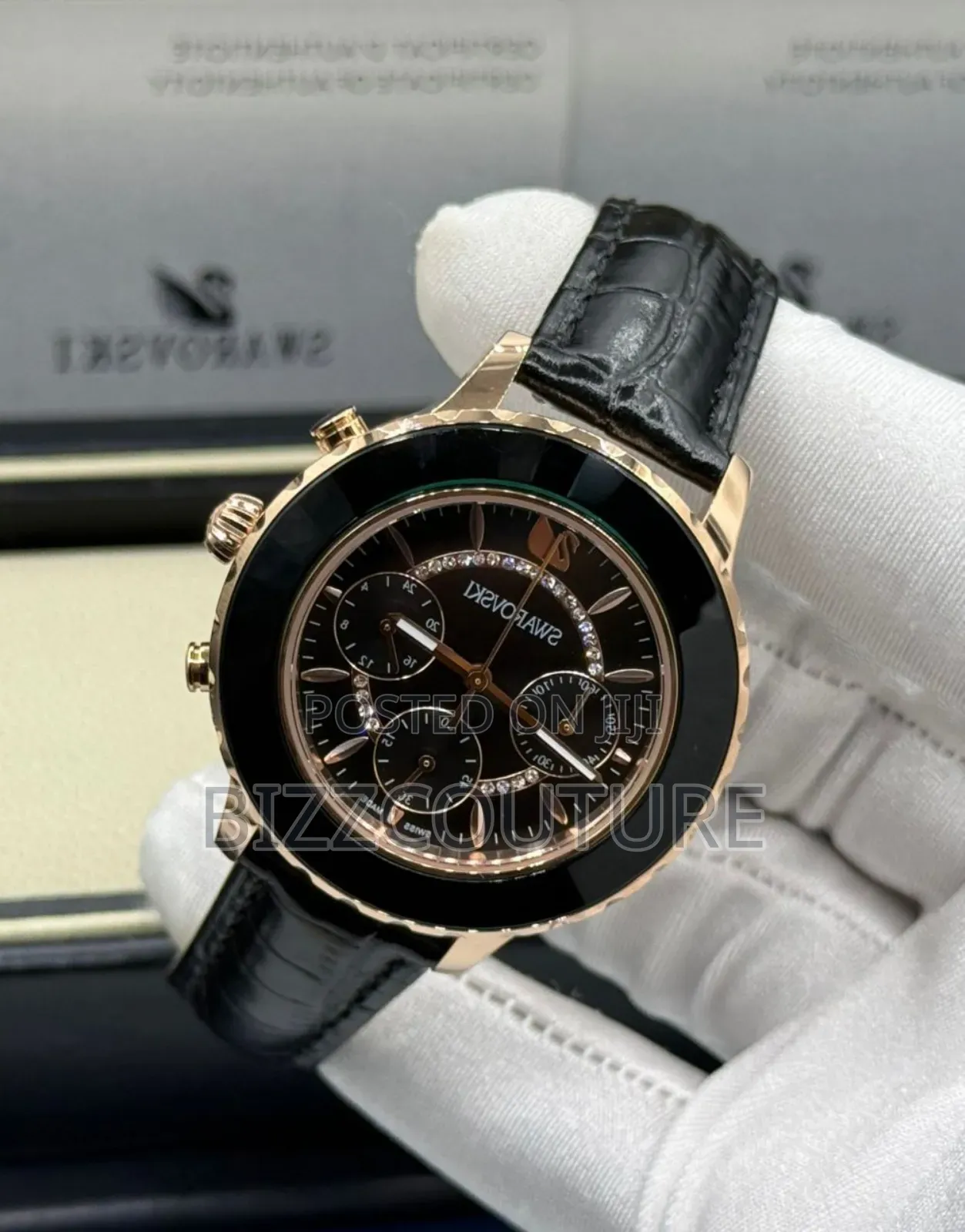 Original Swarovski Black Genuine Leather Strap Watch