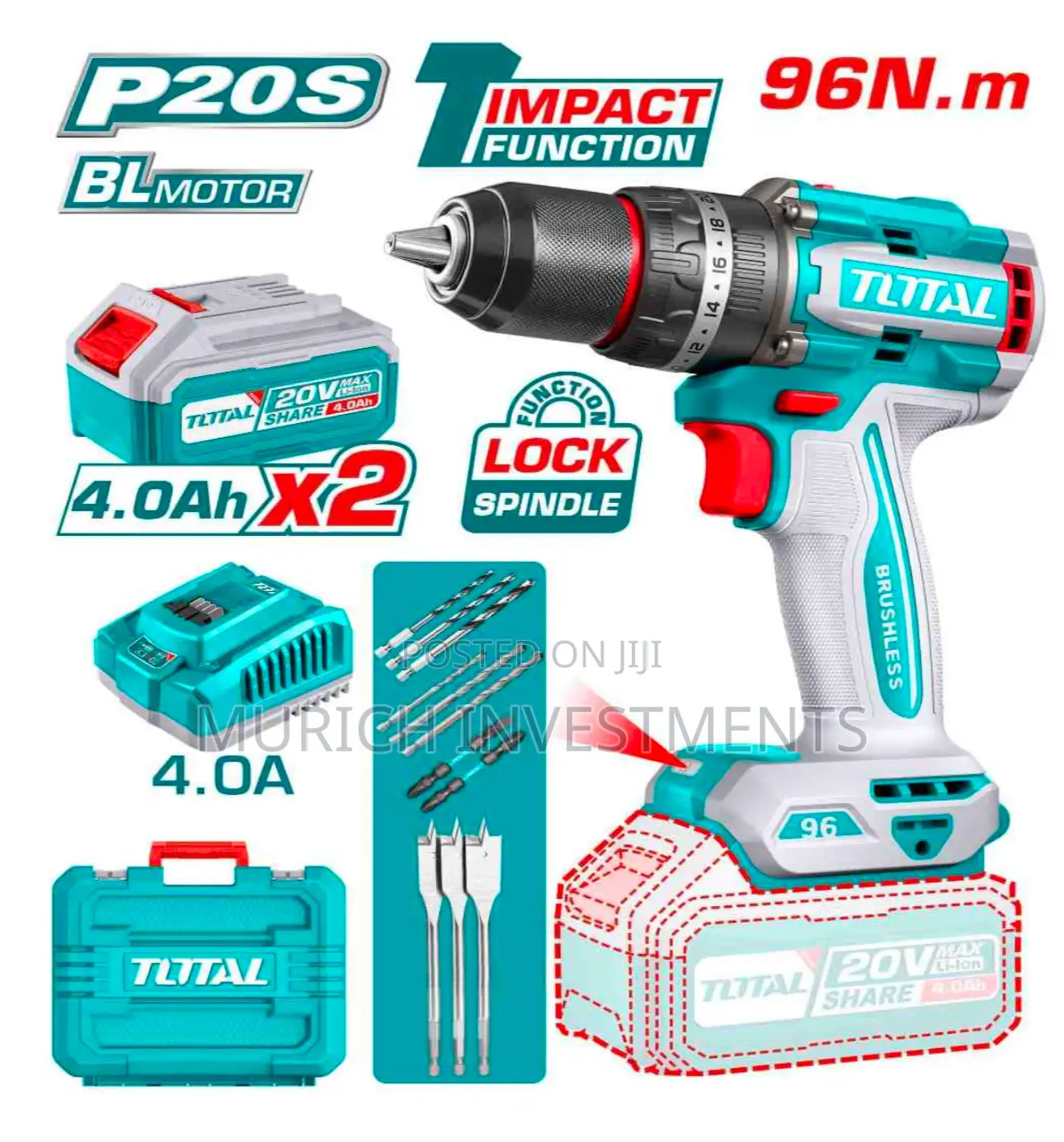 Total Tidli20968 20v Brushless Drill Machine 96nm