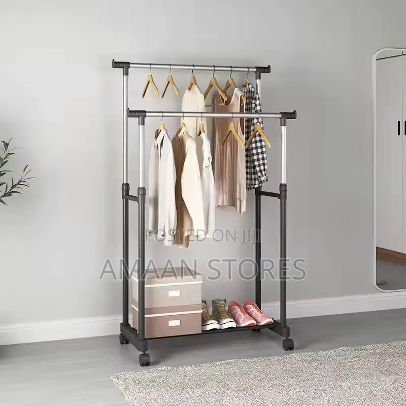 Double Pole Clothes Rack With Wheels Shoe Shelf