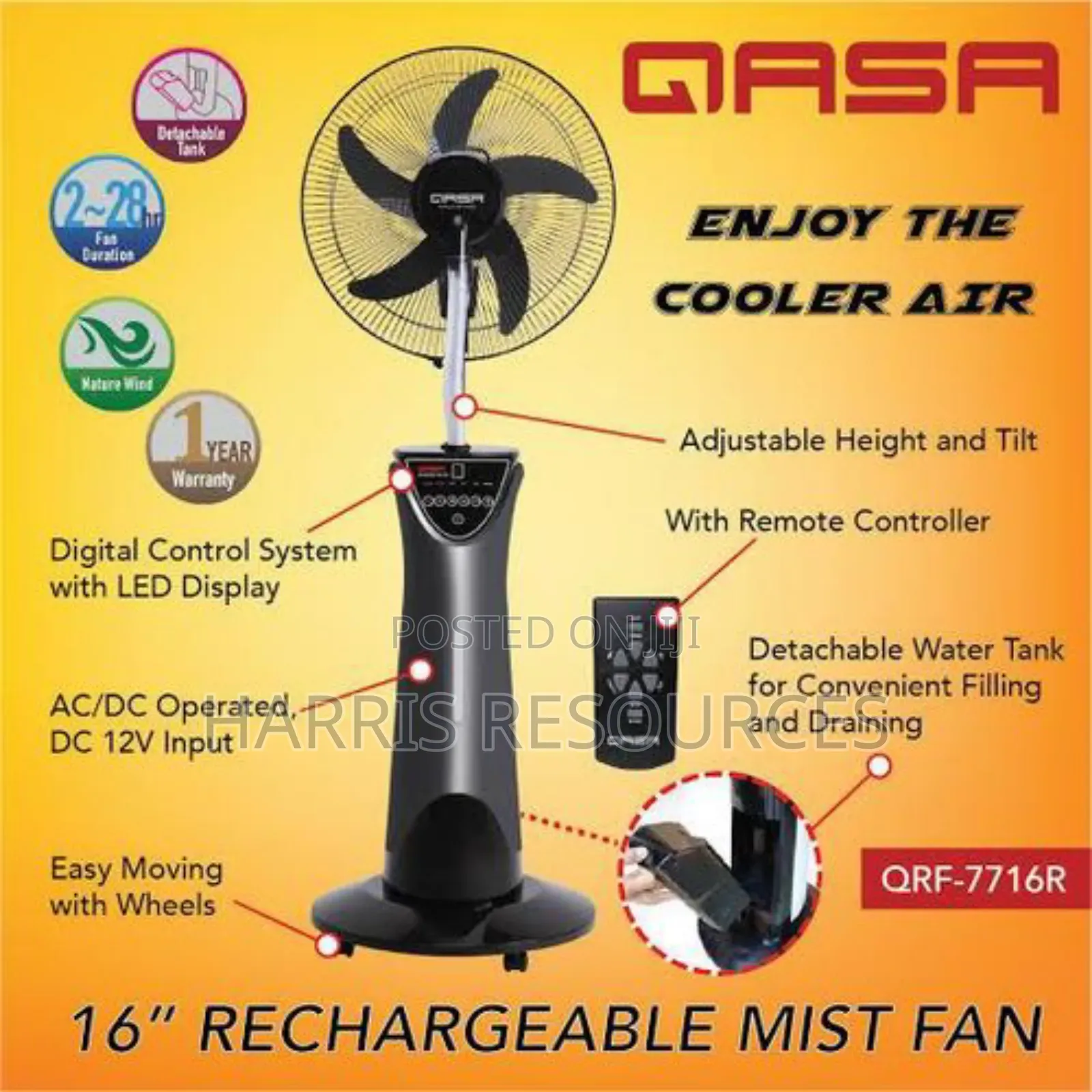 Qasa Rechargeable Mist Standing Fan 16 Inches