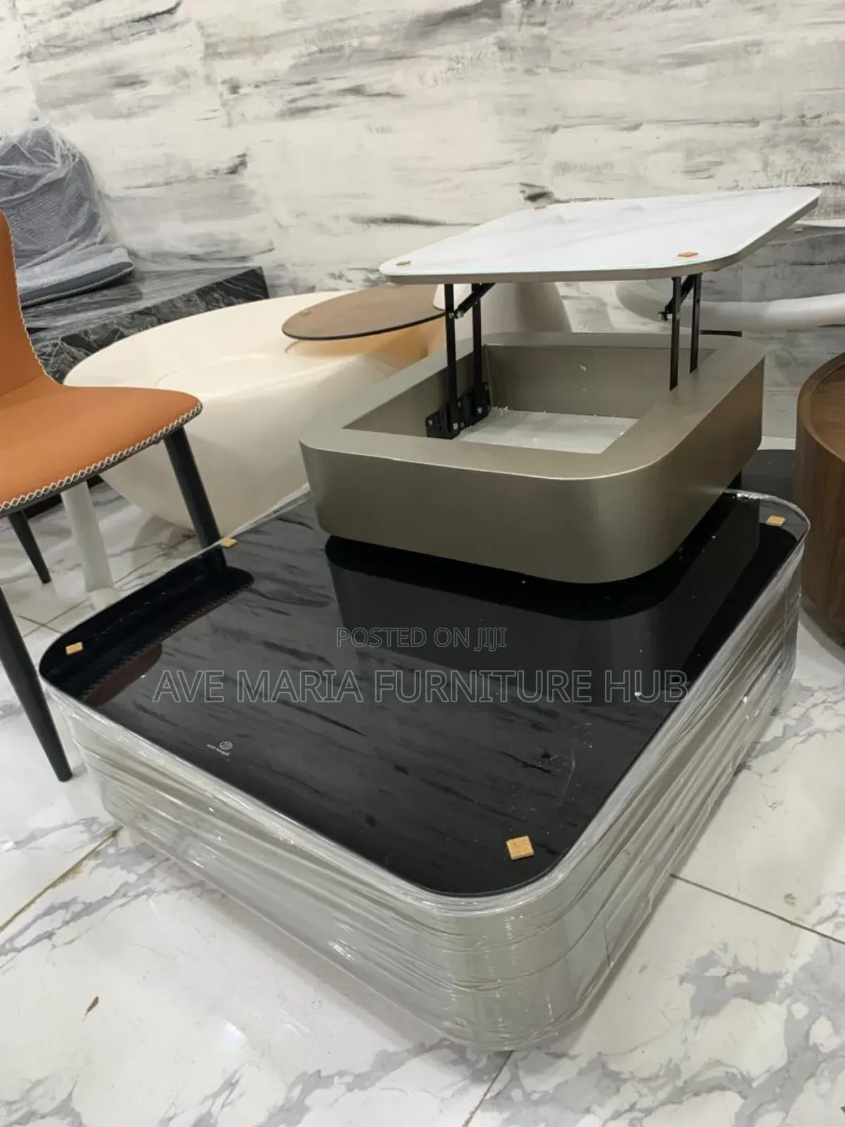 Wooden Center Table and Side Stool Glass Top (Adjustable)